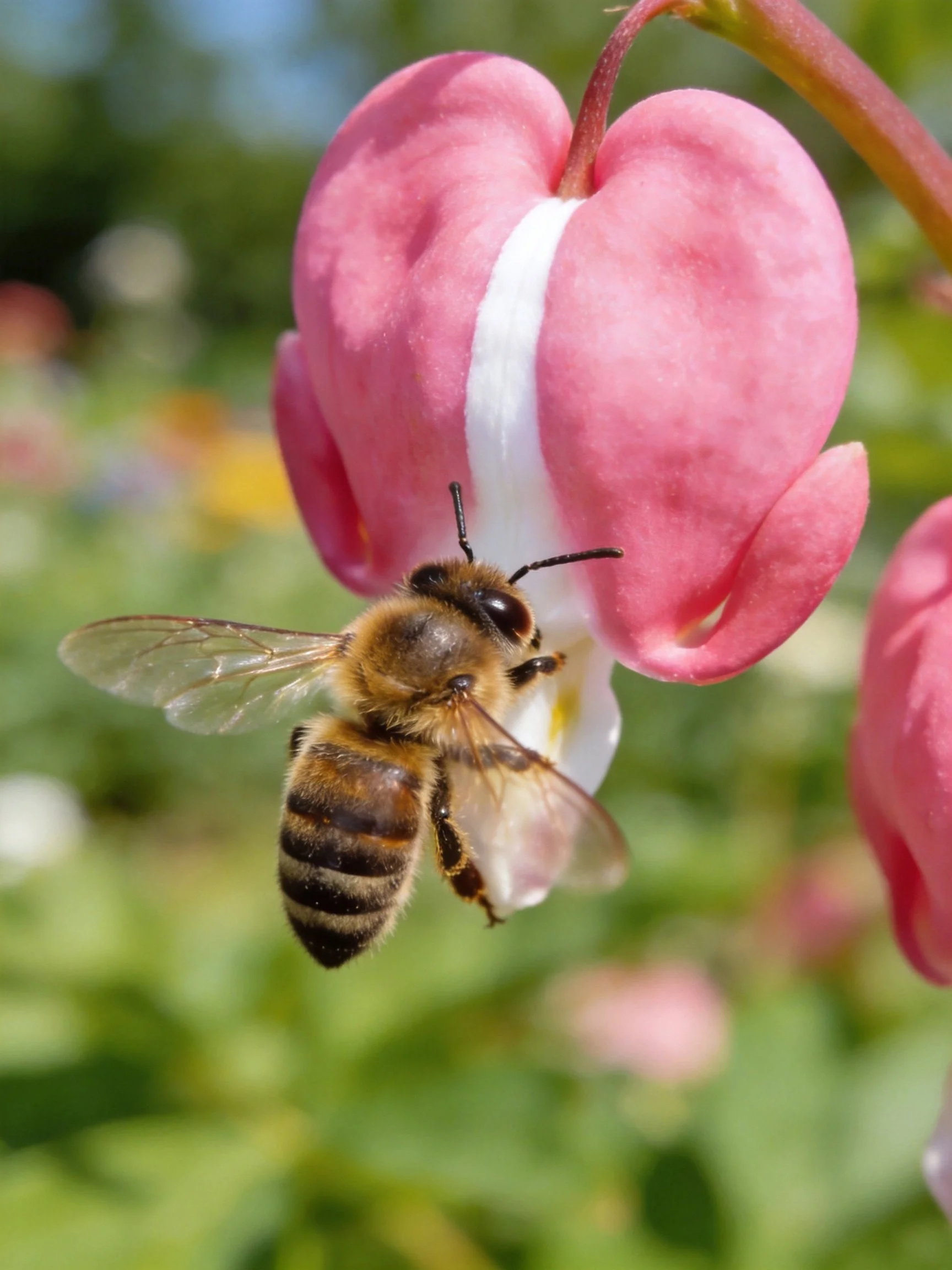A honeybee gathering nectar from a pink heart - shaped flower