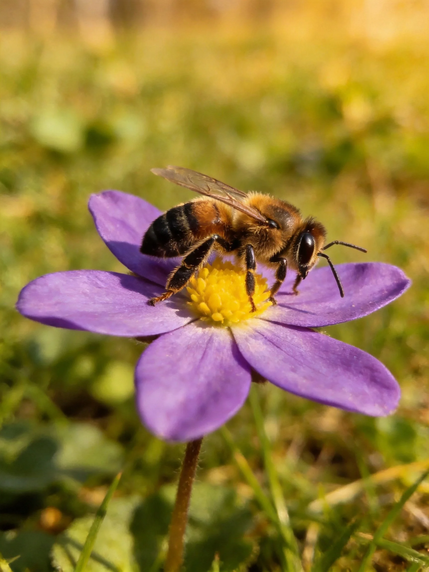 A honeybee gathering nectar from a purple flower