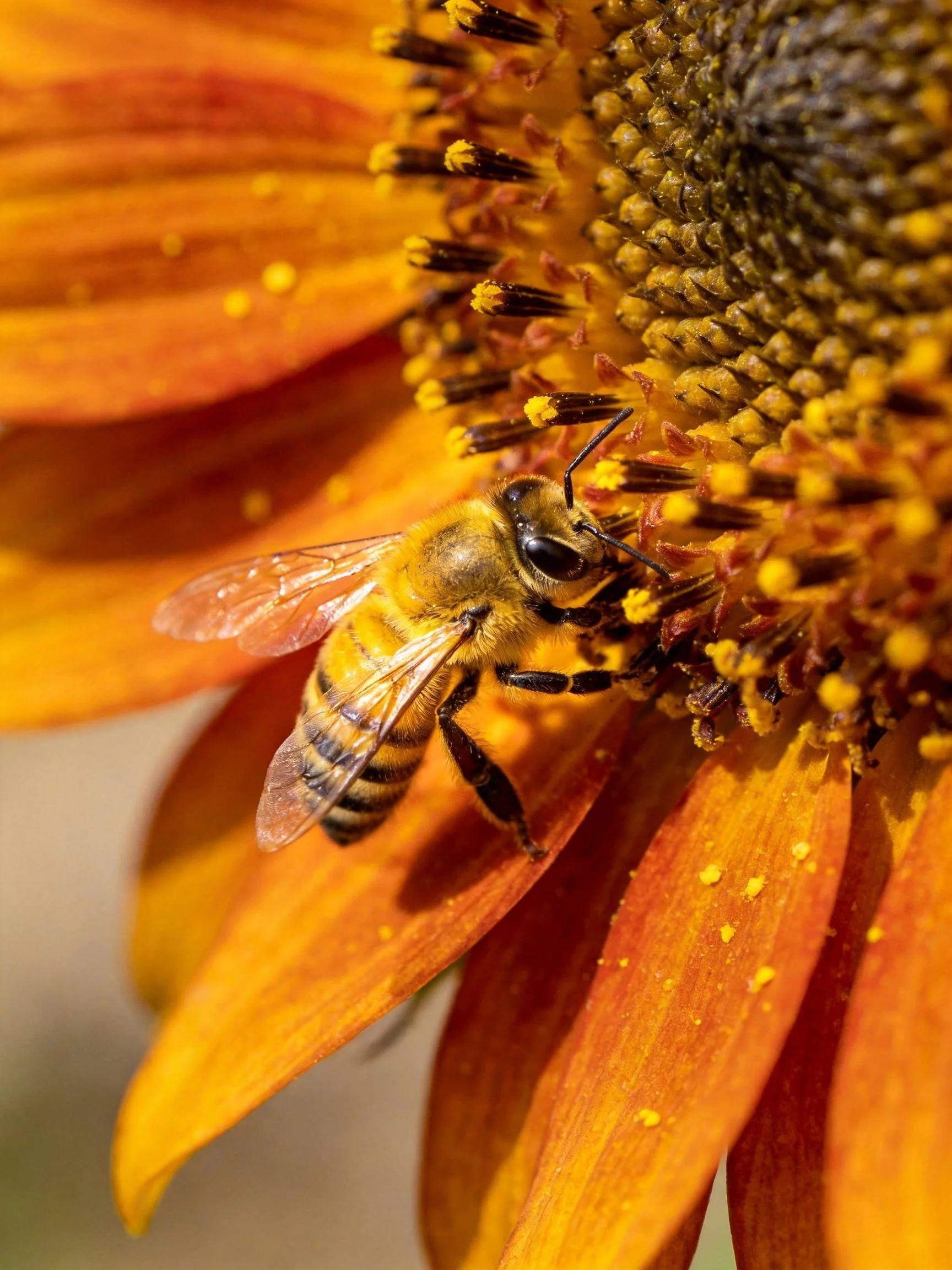 A honeybee gathering nectar from a vibrant orange flower