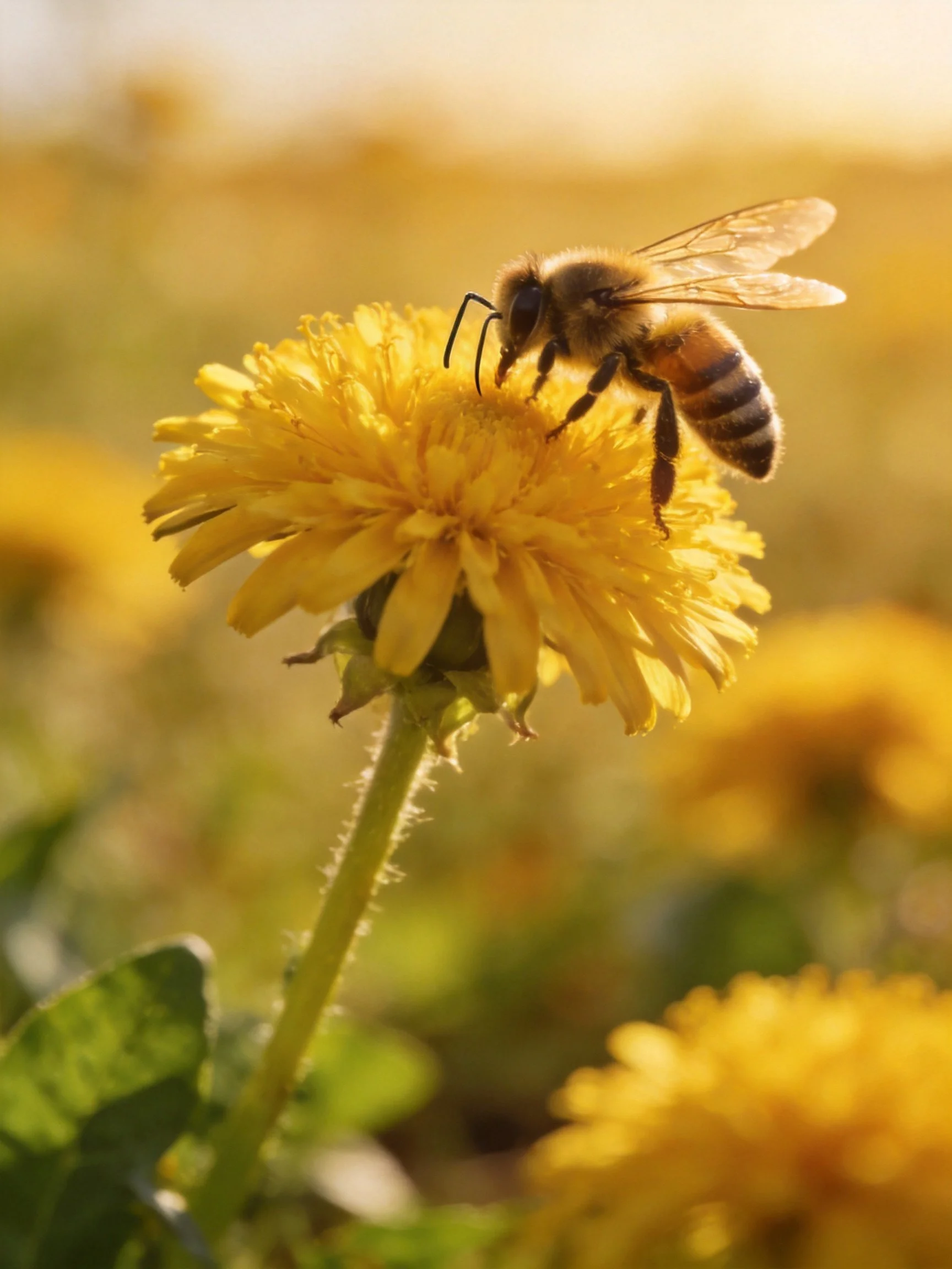 A honeybee gathering nectar from a vibrant yellowdandelion