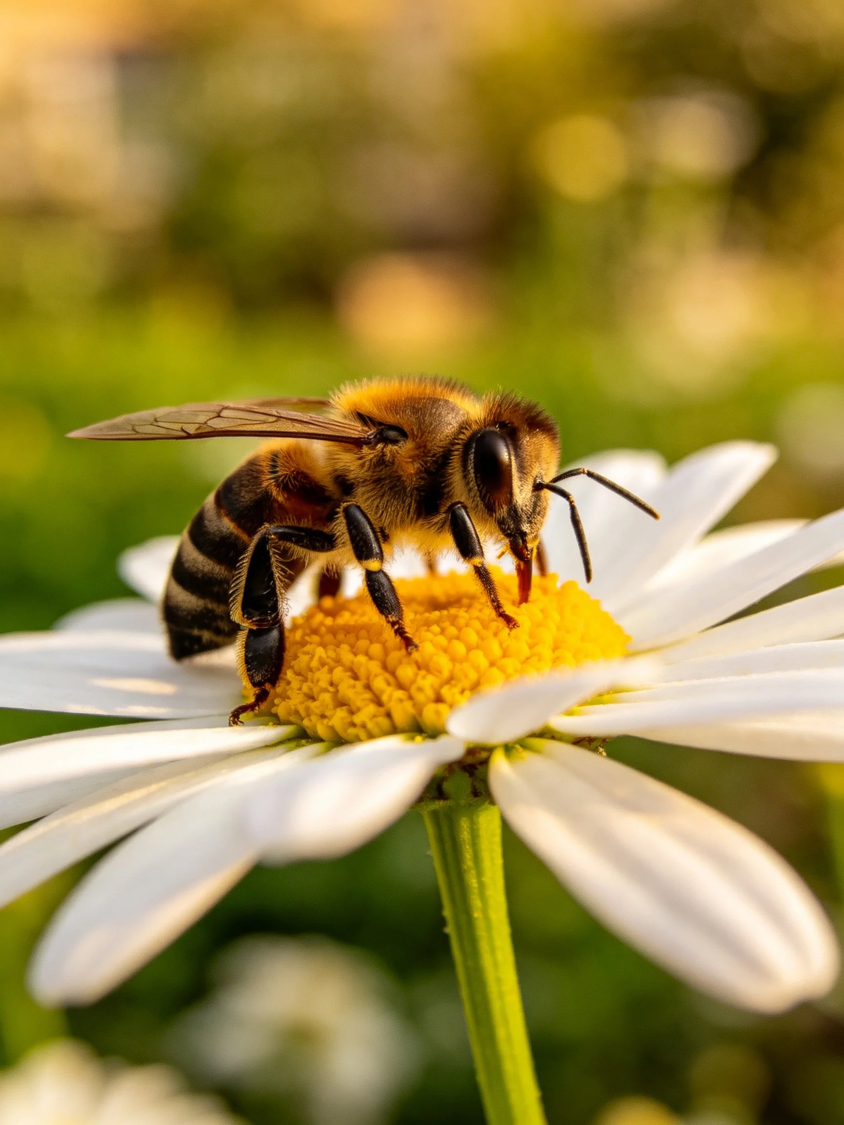 A honeybee gathering nectar from a white daisy with a yellow center