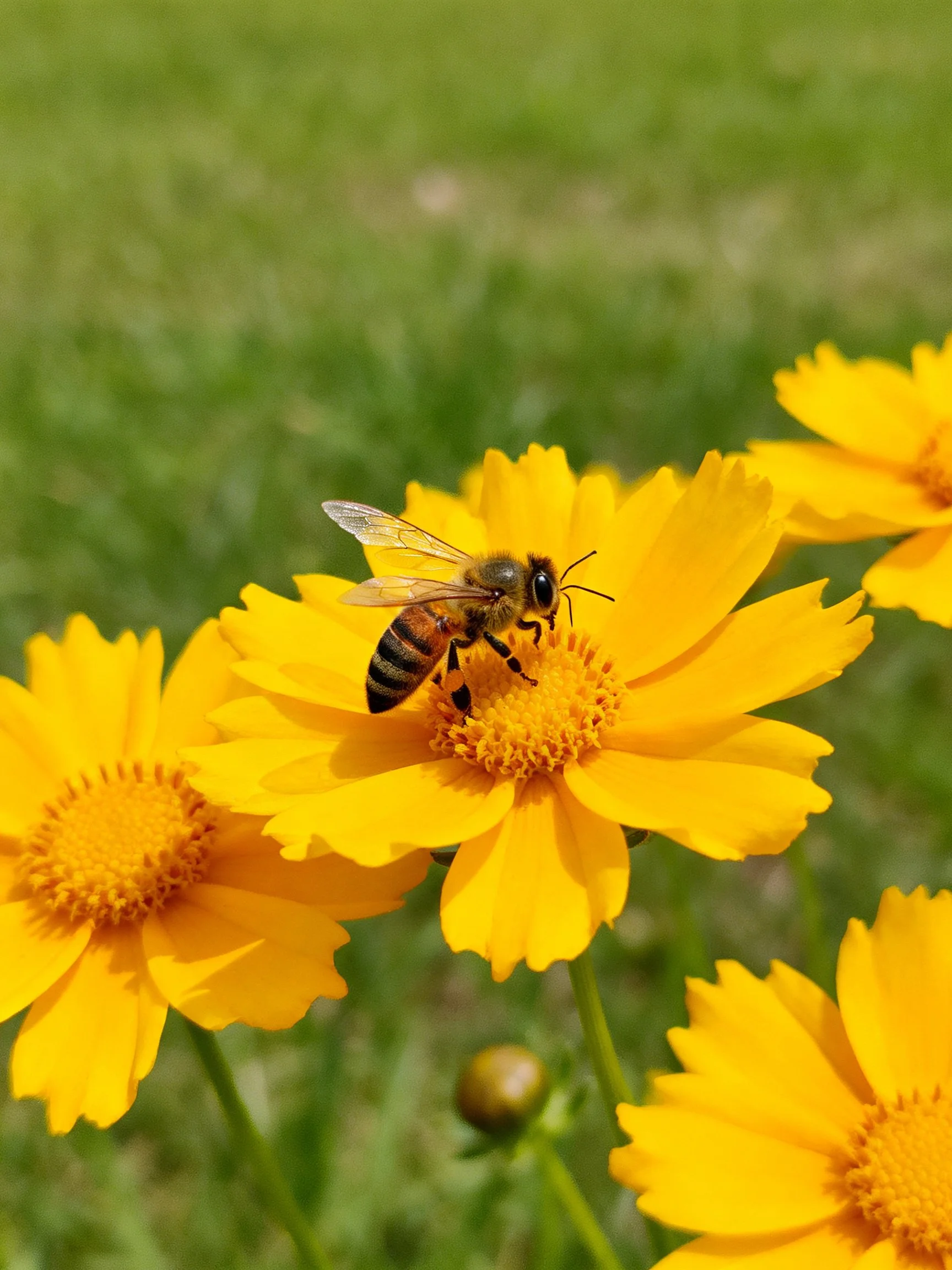 A honeybee gathering nectar from bright yellow flowers
