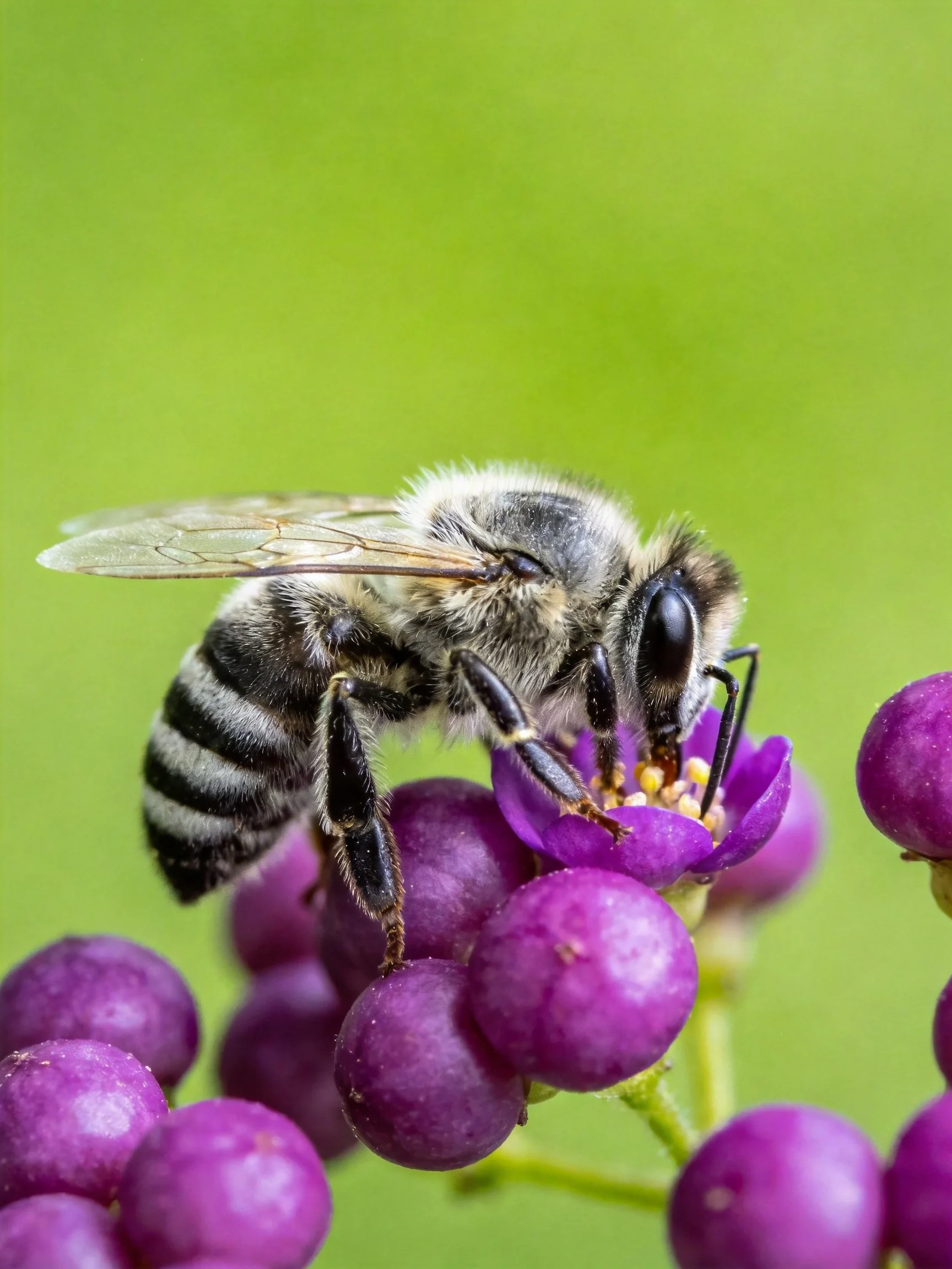 A honeybee gathering nectar from purple berries and blooms