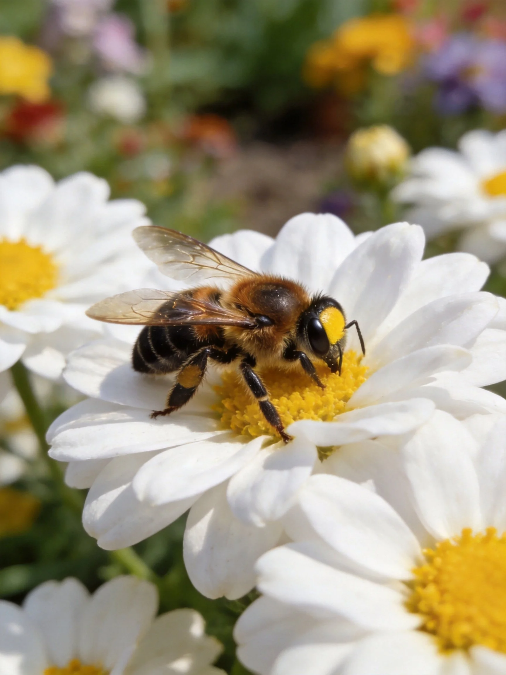 A honeybee gathering nectar from white daisies with yellow centers