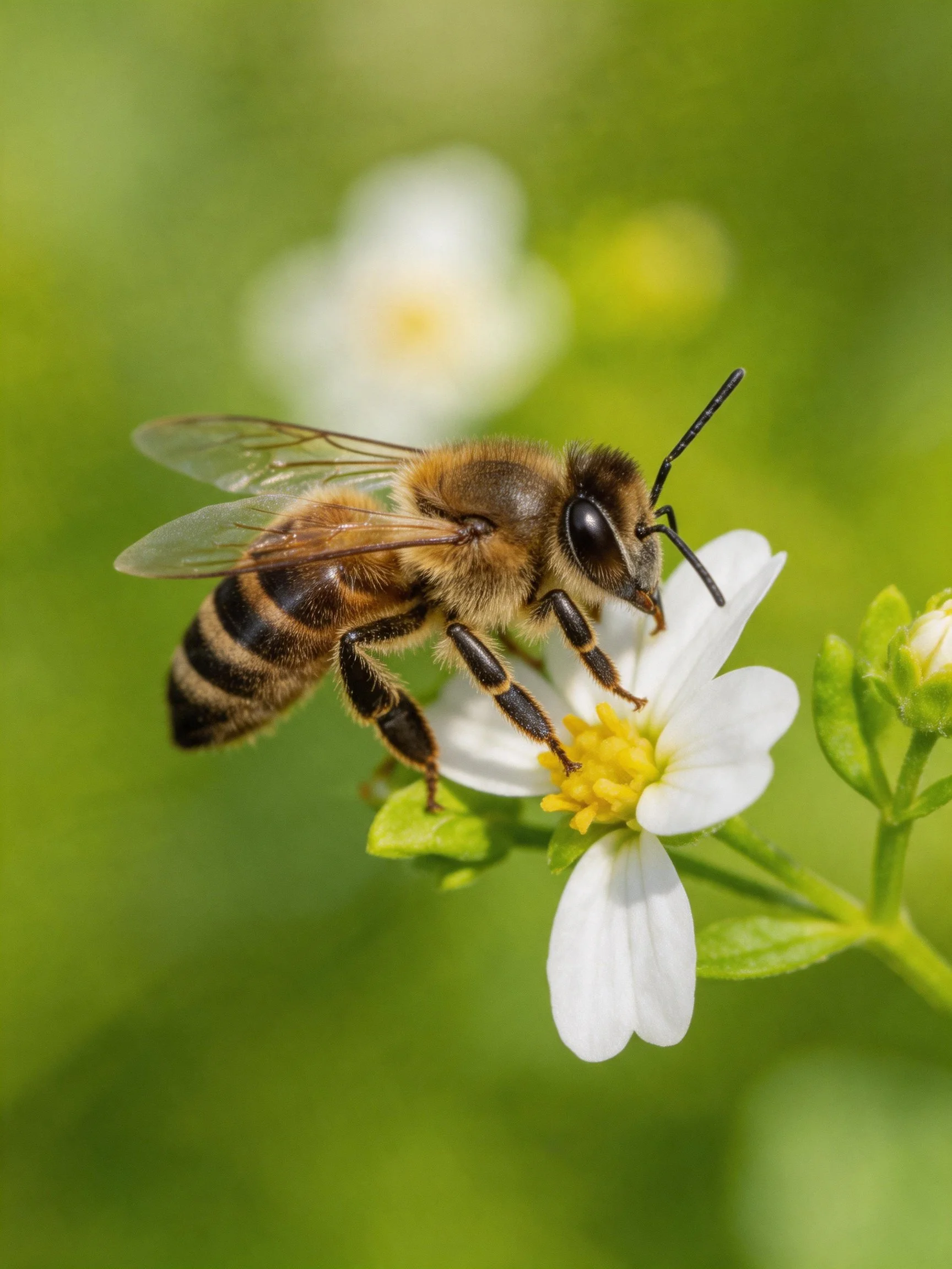 A honeybee gathering nectar on a delicate white flower
