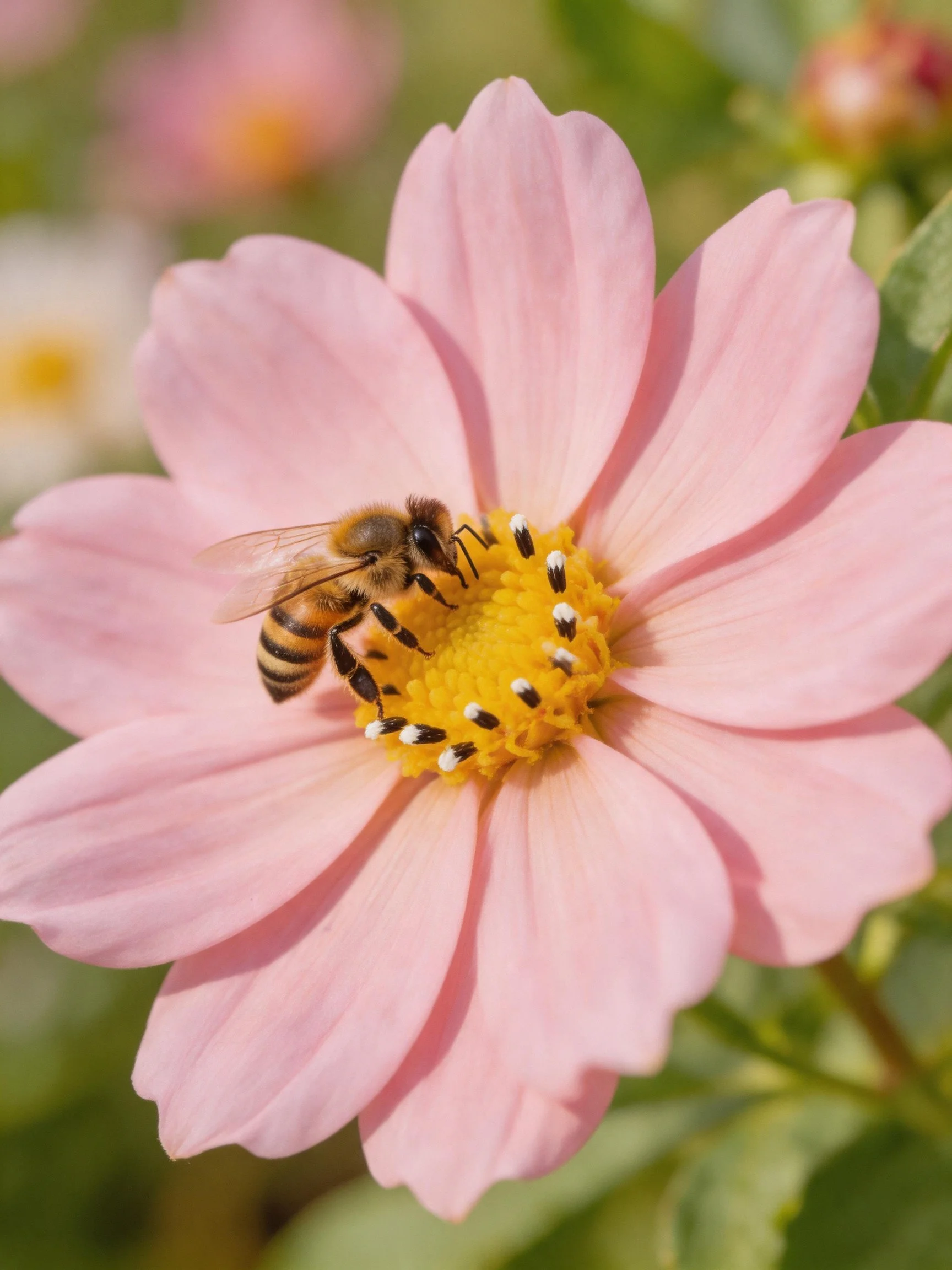 A honeybee gathering pollen from a soft pink cosmos blossom