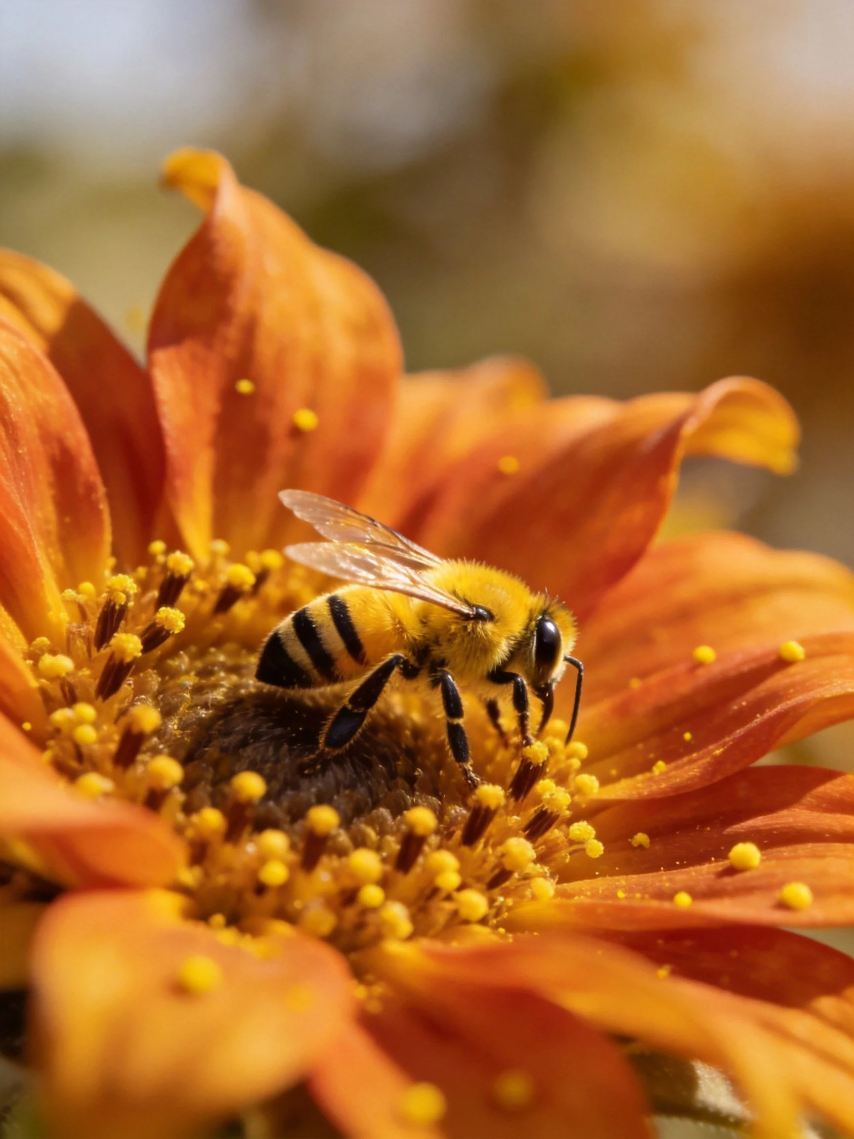 A honeybee gathering pollen from a vibrant orange flower