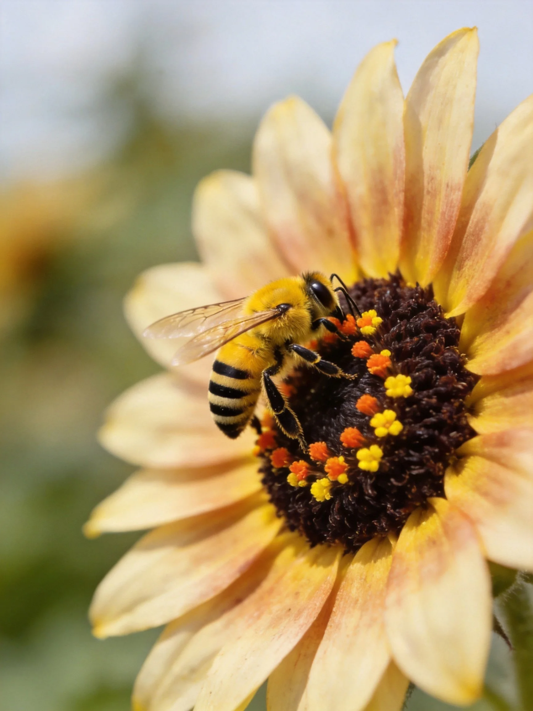A honeybee gathering pollen from a yellow-orange flower