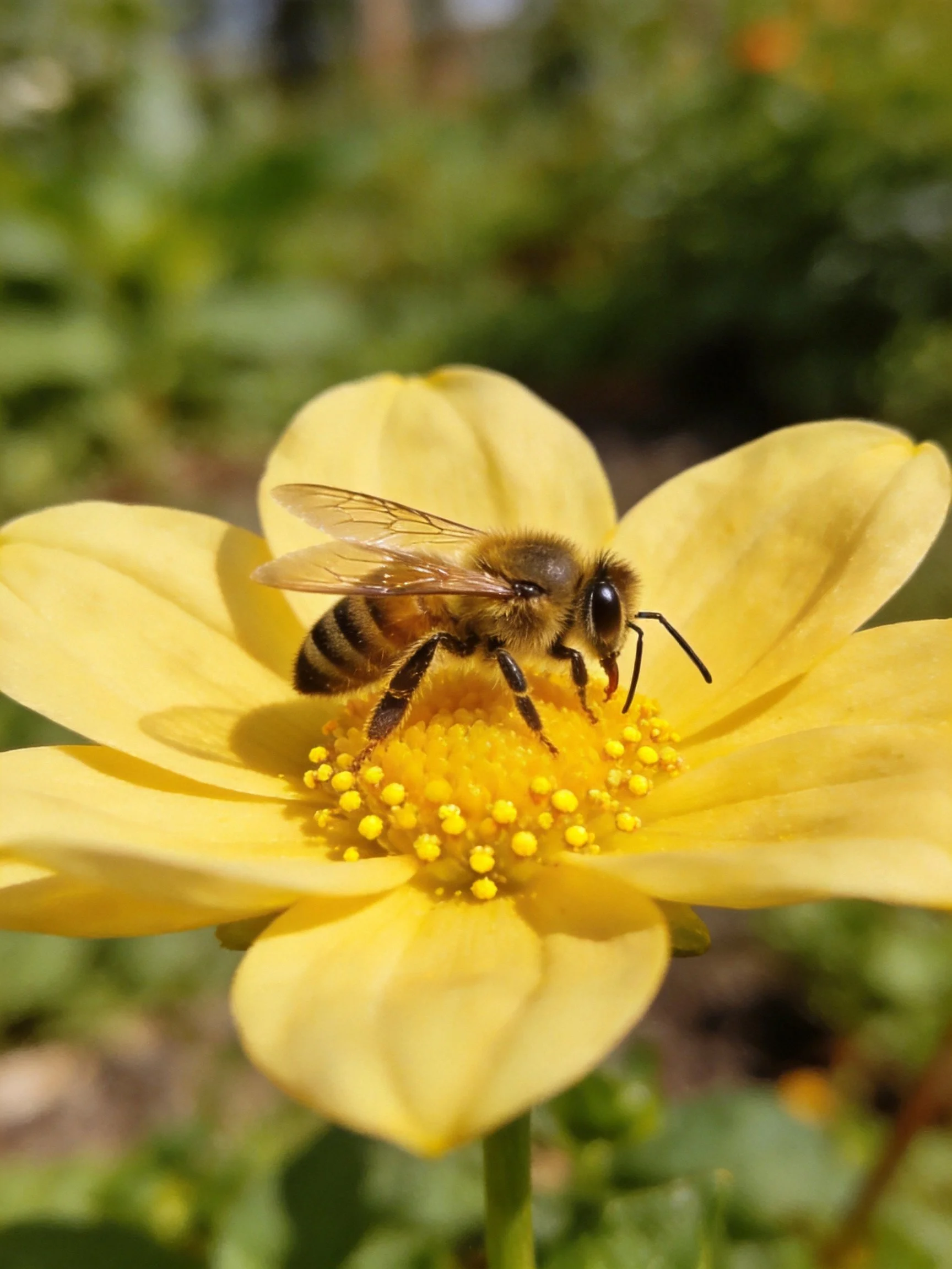 A honeybee gathering pollen on a bright yellow flower