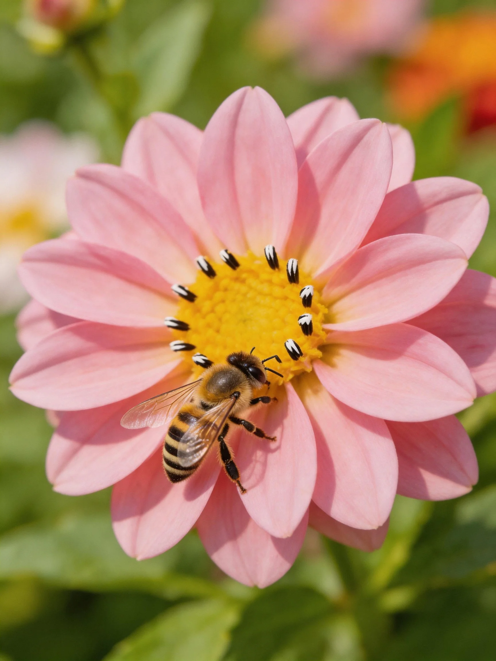 A honeybee gathering pollen on a pink dahlia flower