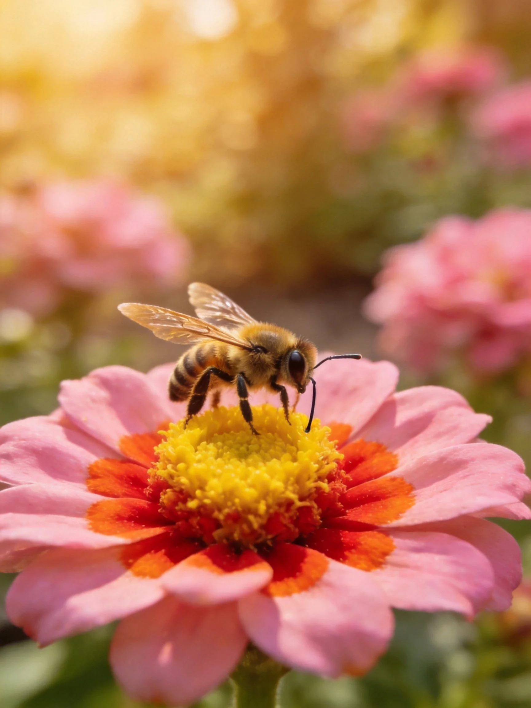 A honeybee gathering pollen on a pink-orange flower