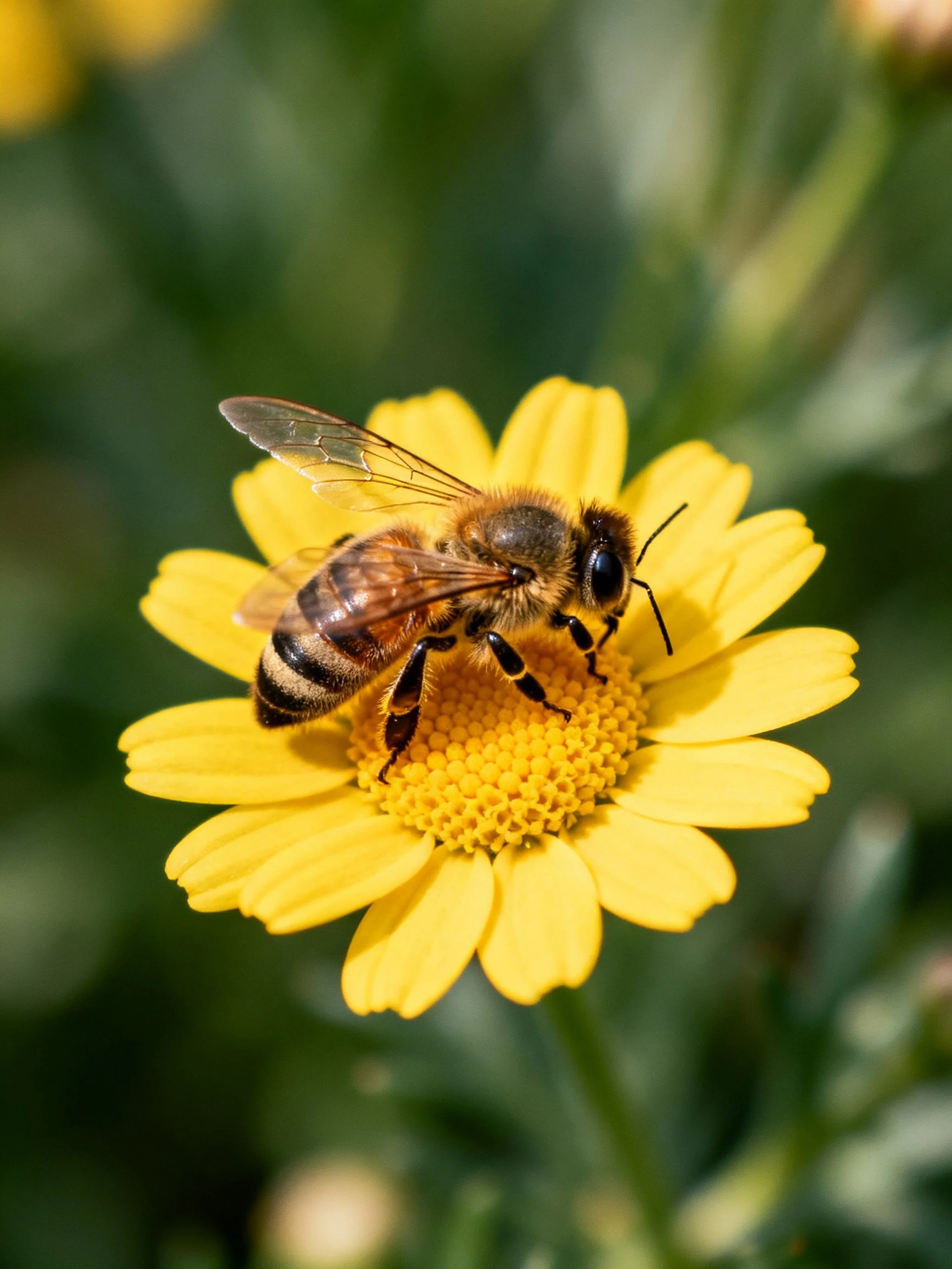 A honeybee gathering pollen on a vibrant yellow flower