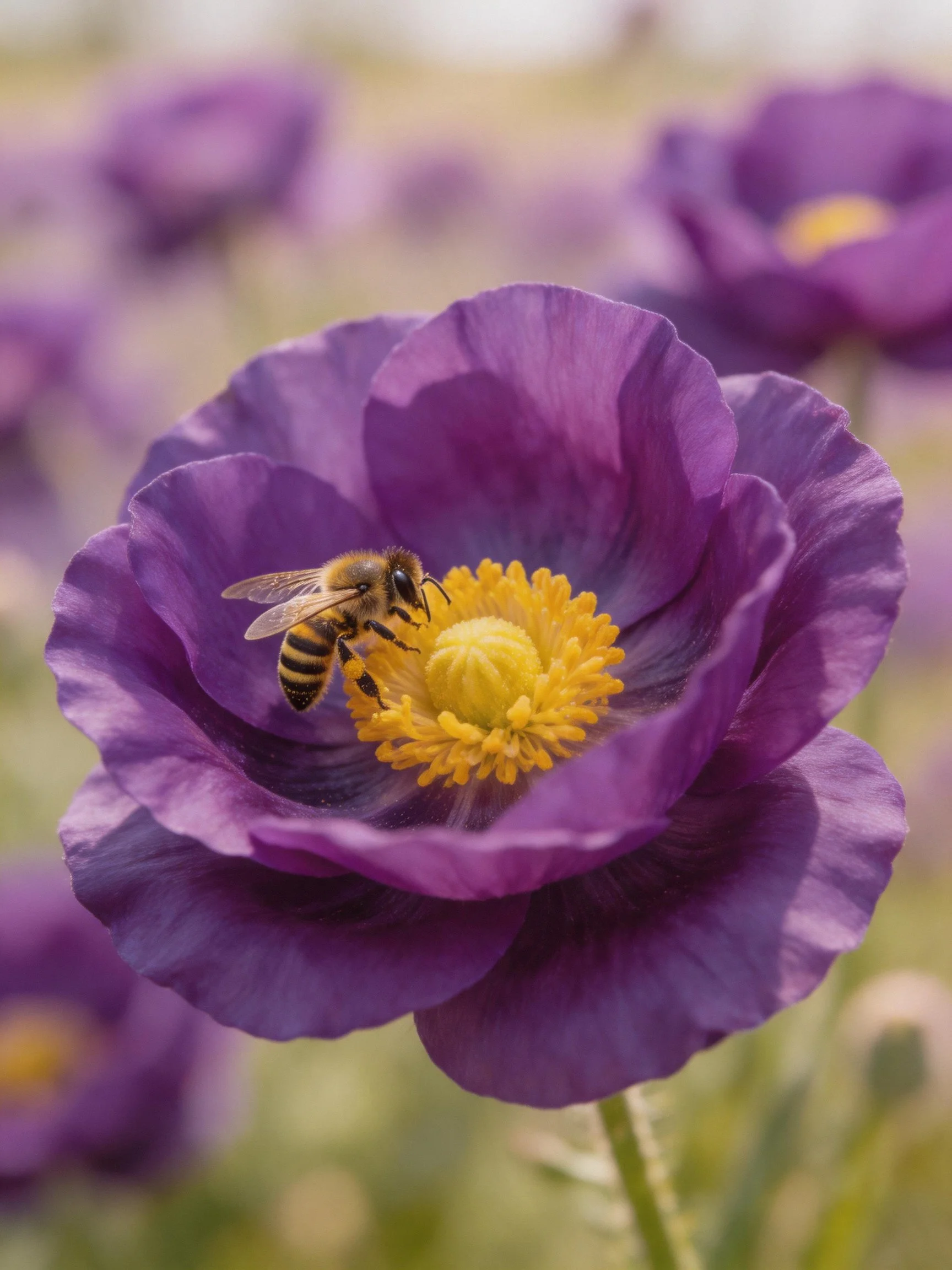A honeybee gathers nectar from a large purple flower with a yellow center