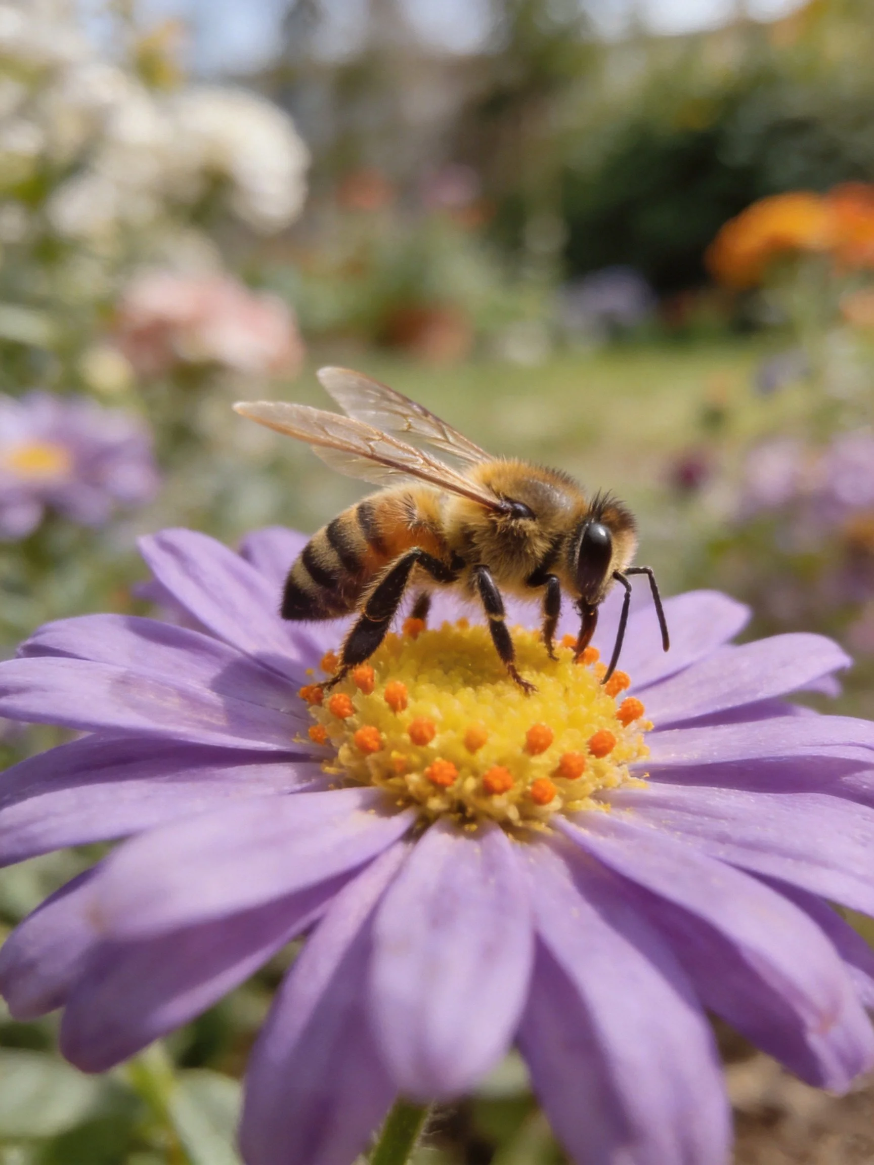 A honeybee gathers nectar from a vibrant purple flower