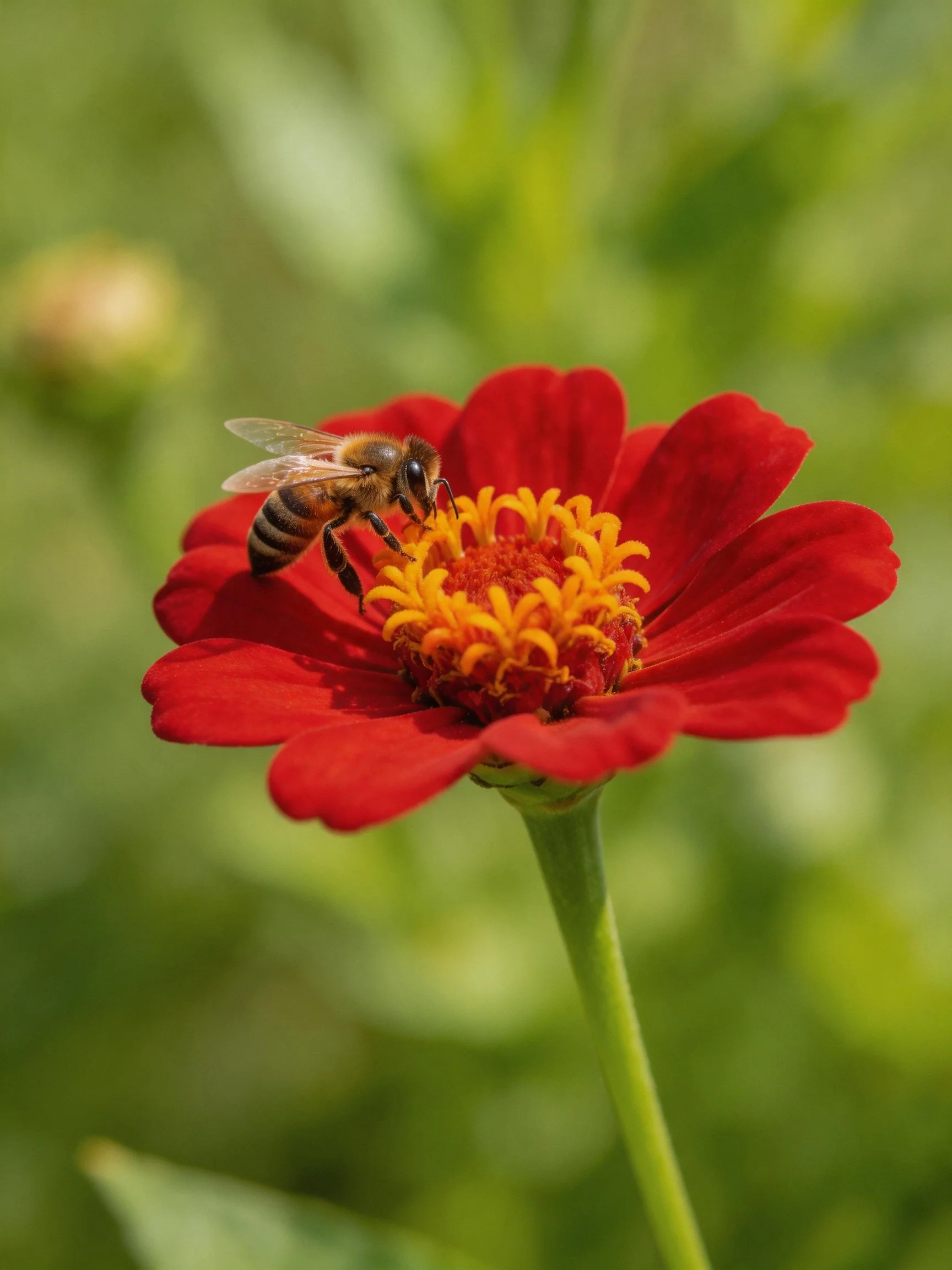 A honeybee gathers nectar from a vibrant red zinnia