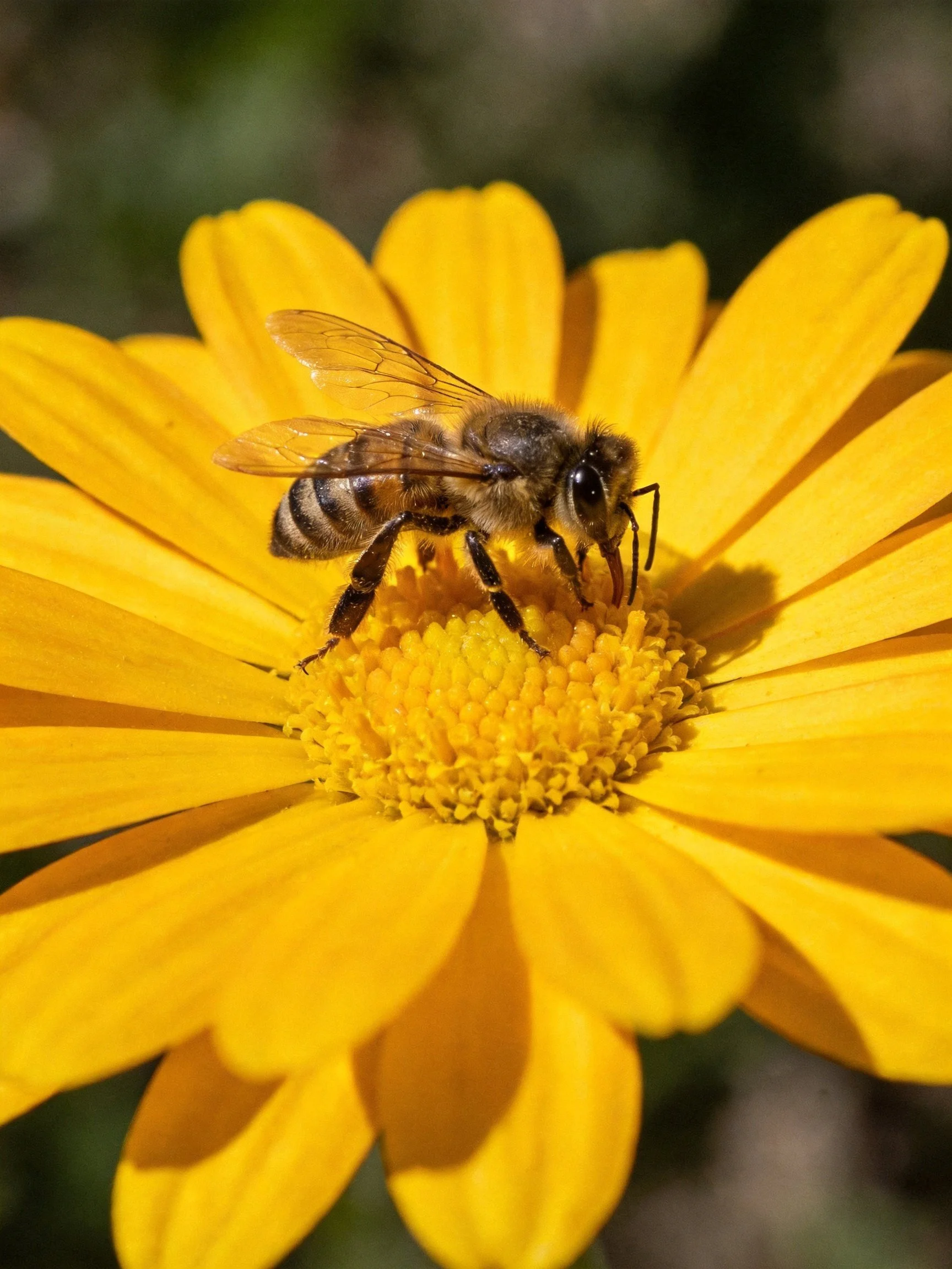 A honeybee gathers nectar from a vibrant yellow flower