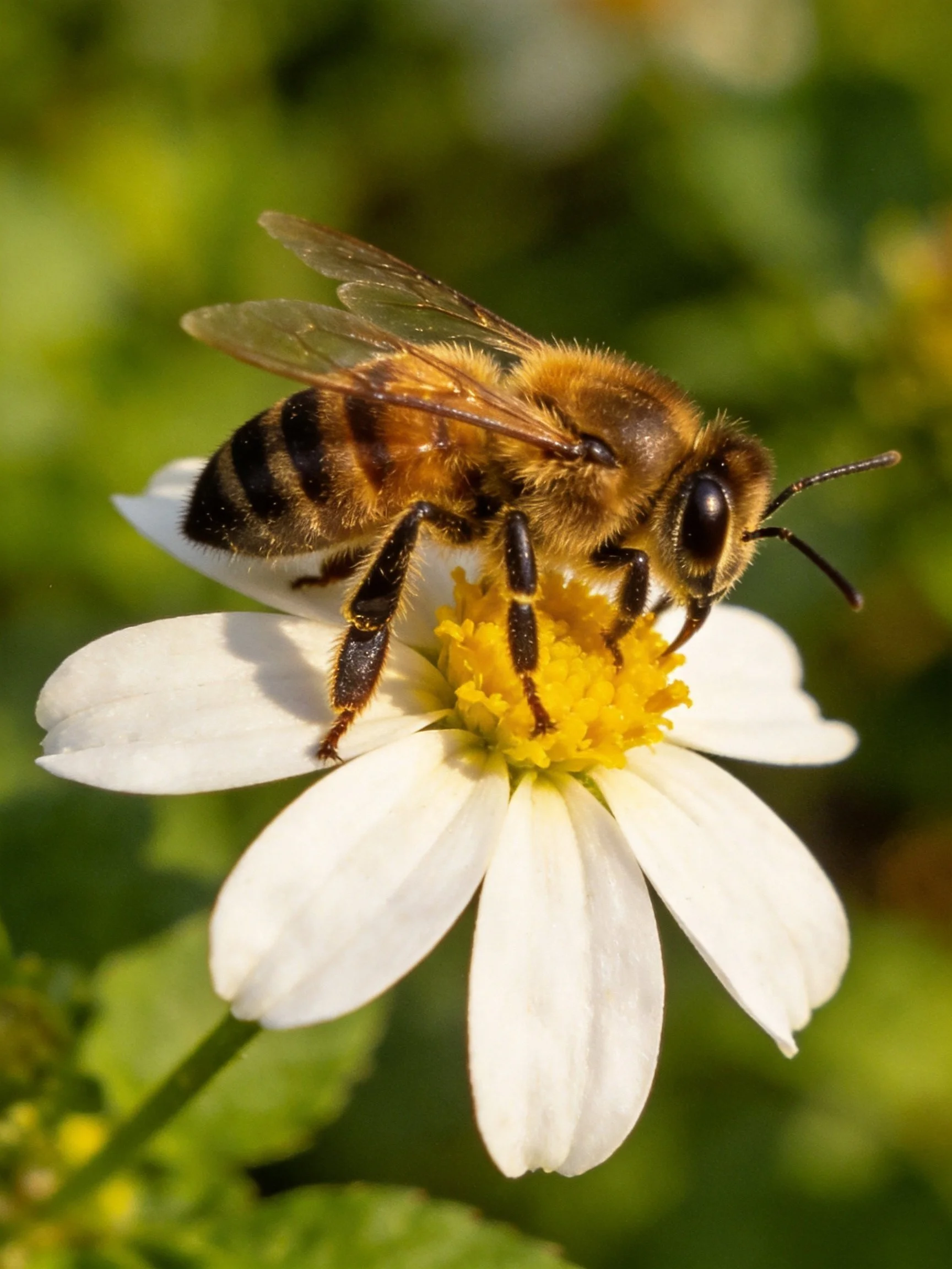 A honeybee gathers nectar from a white flower with a yellow center