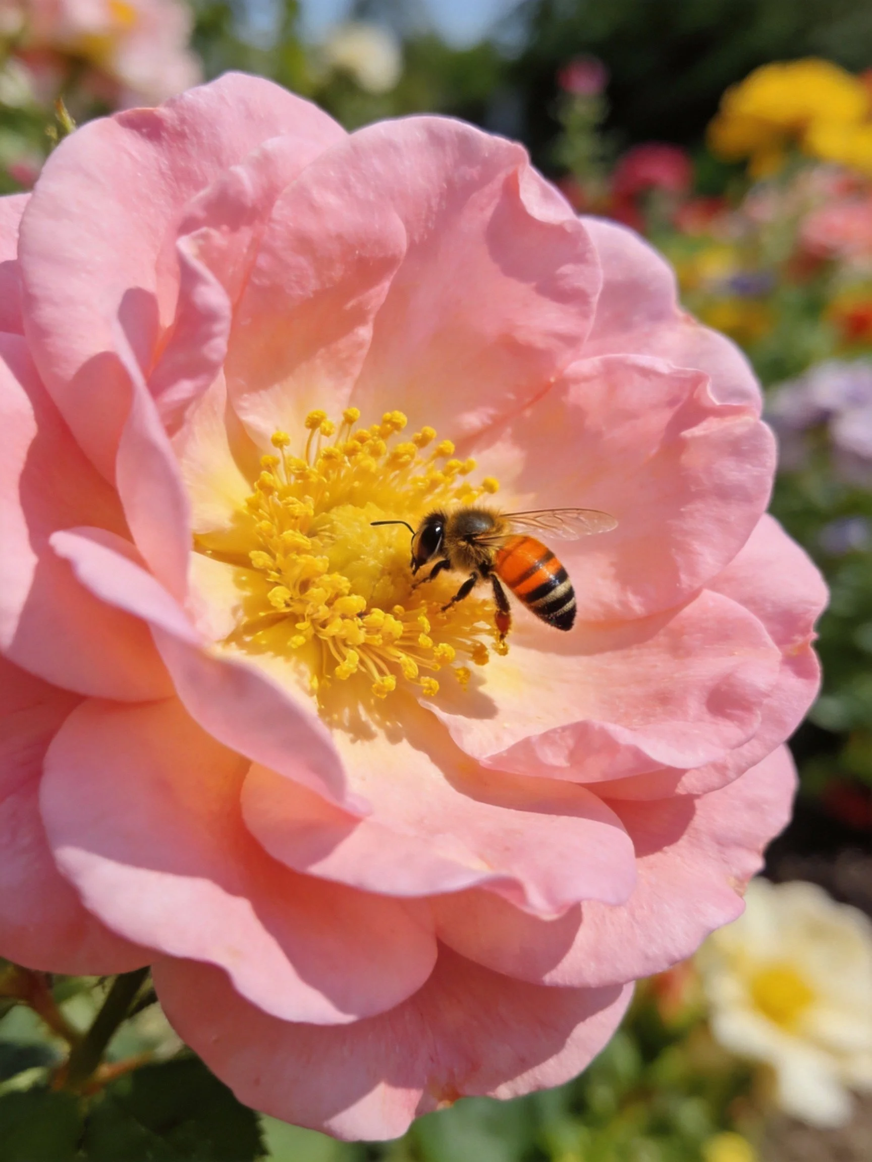 A honeybee gathers pollen from a large pink rose flower.