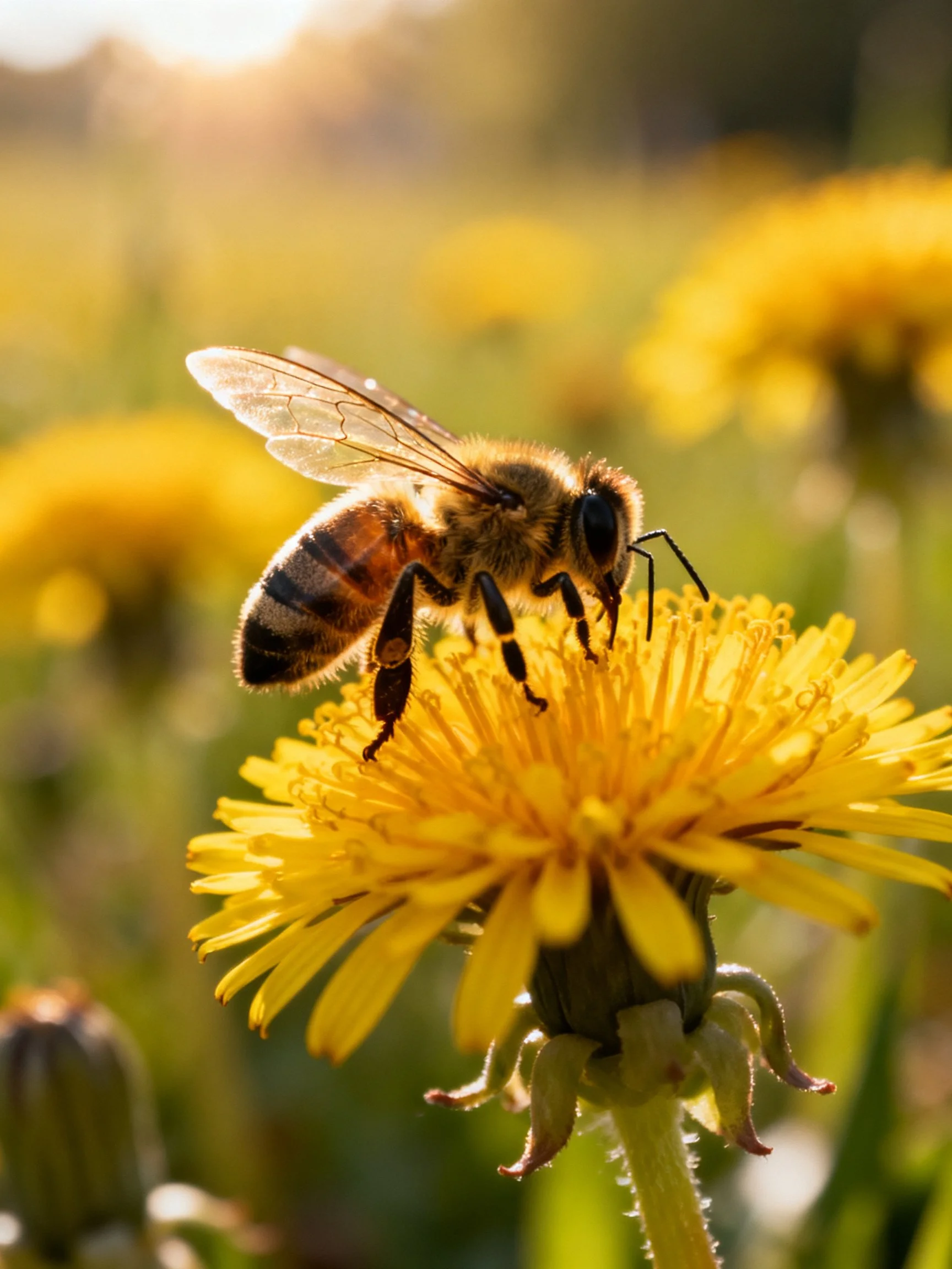A honeybee gathers pollen on a bright yellow dandelion