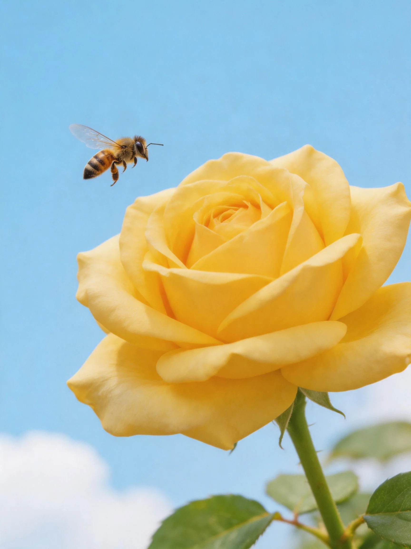 A honeybee hovers beside a vibrant yellow rose under bright blue sky