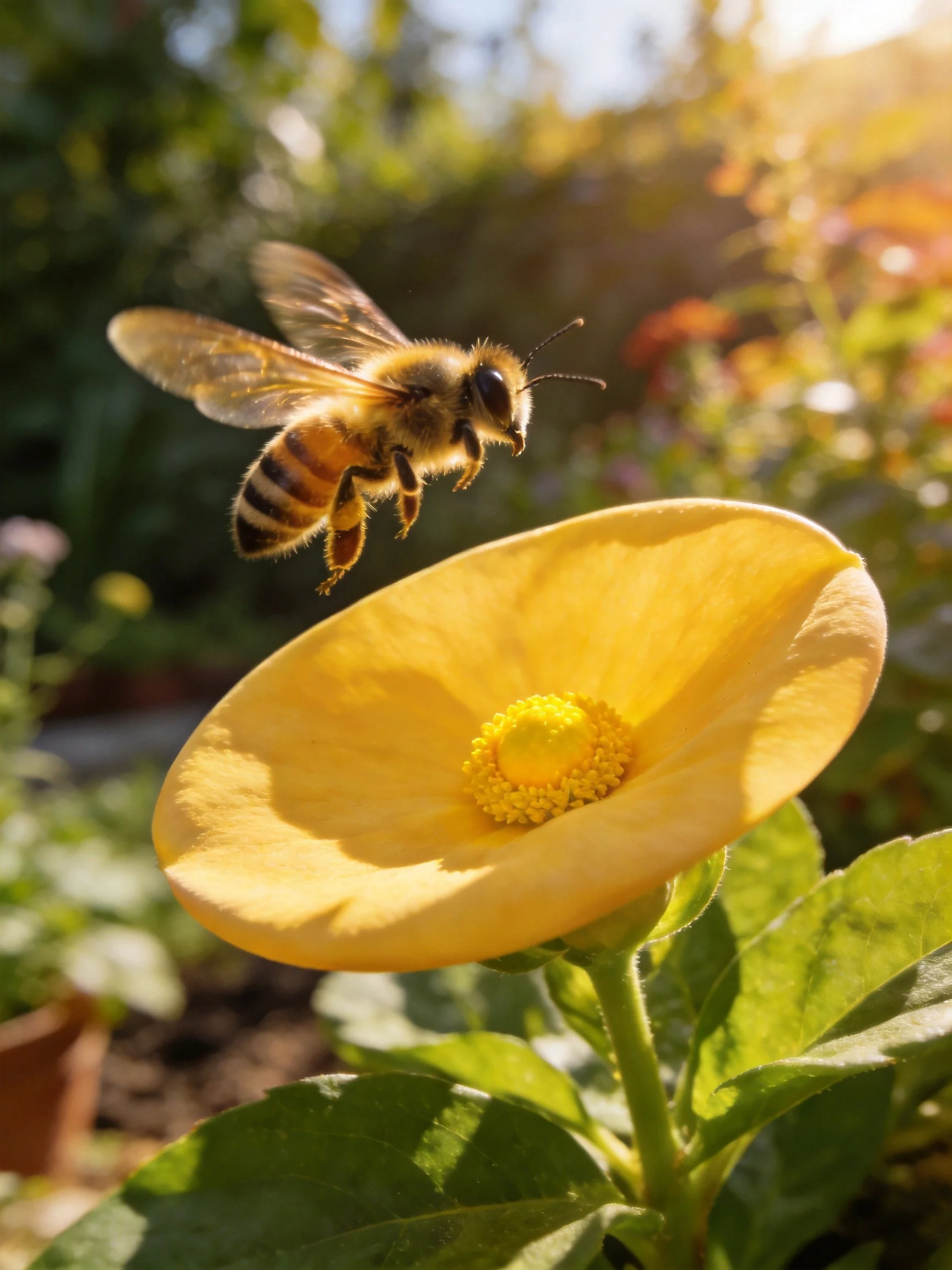 A honeybee hovers near a vibrant yellow bloom in a sunlit garden.