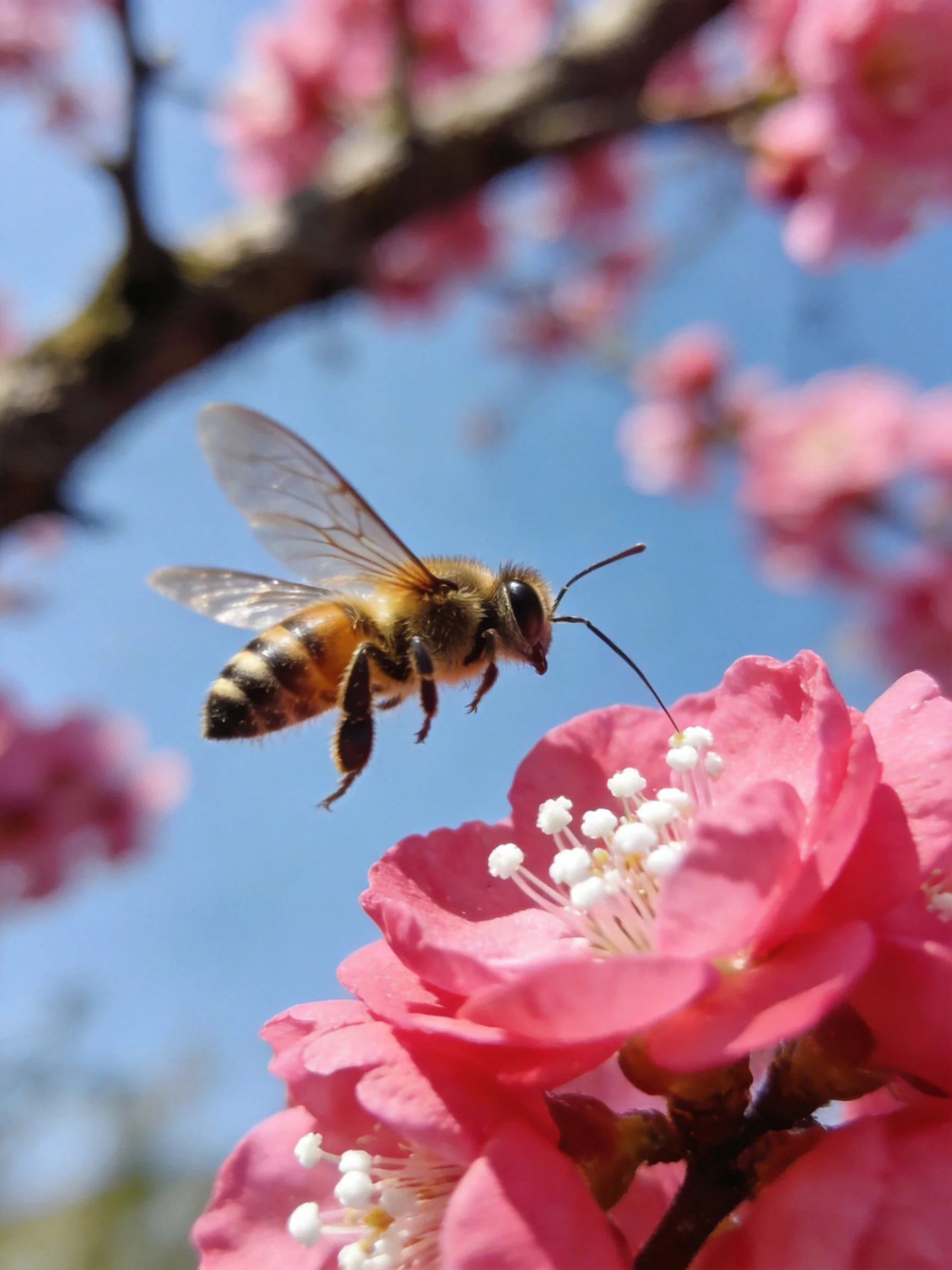 A honeybee hovers near vibrant pink blossoms against a clear blue sky