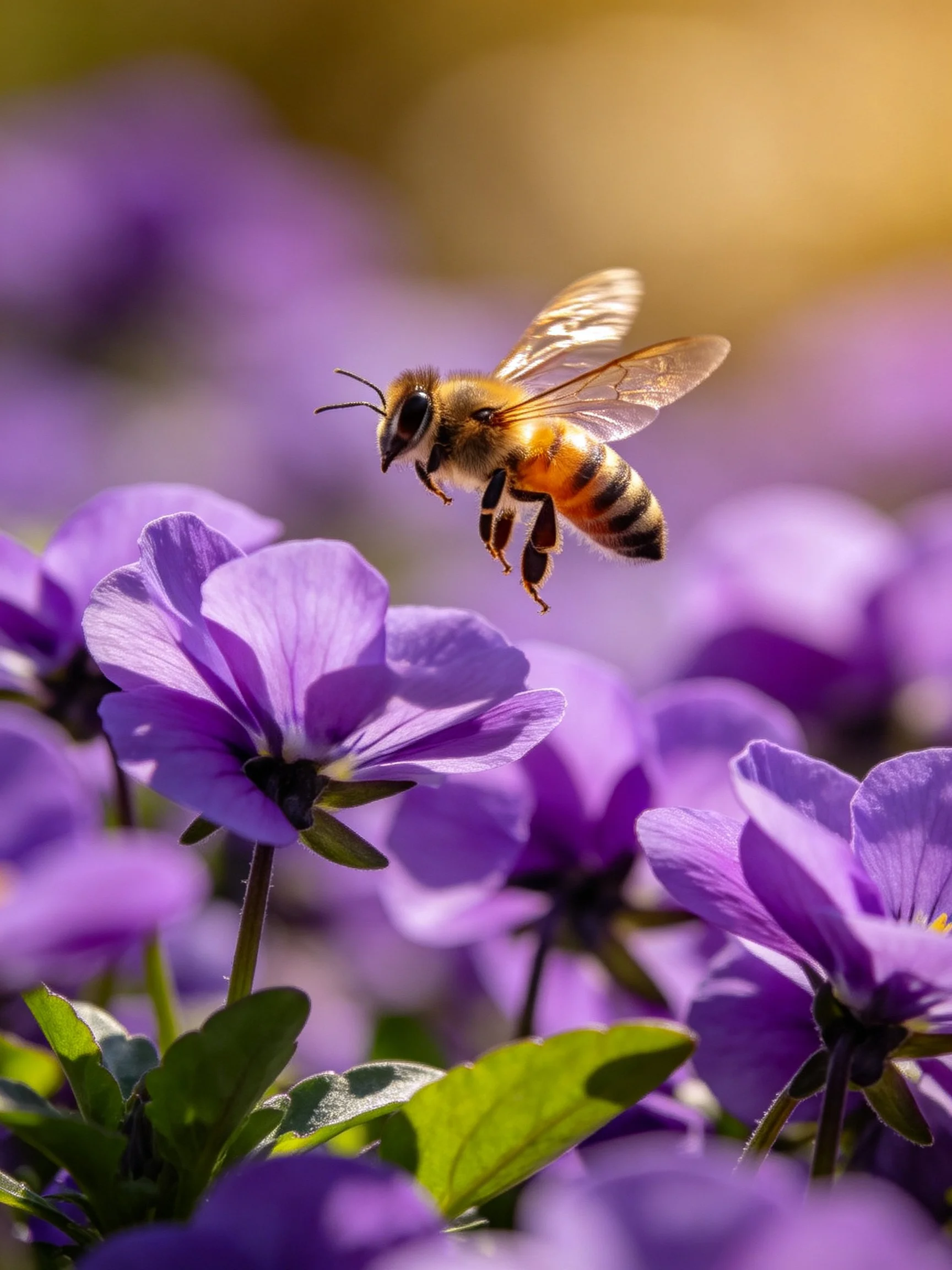 A honeybee hovers near vibrant purple flowers