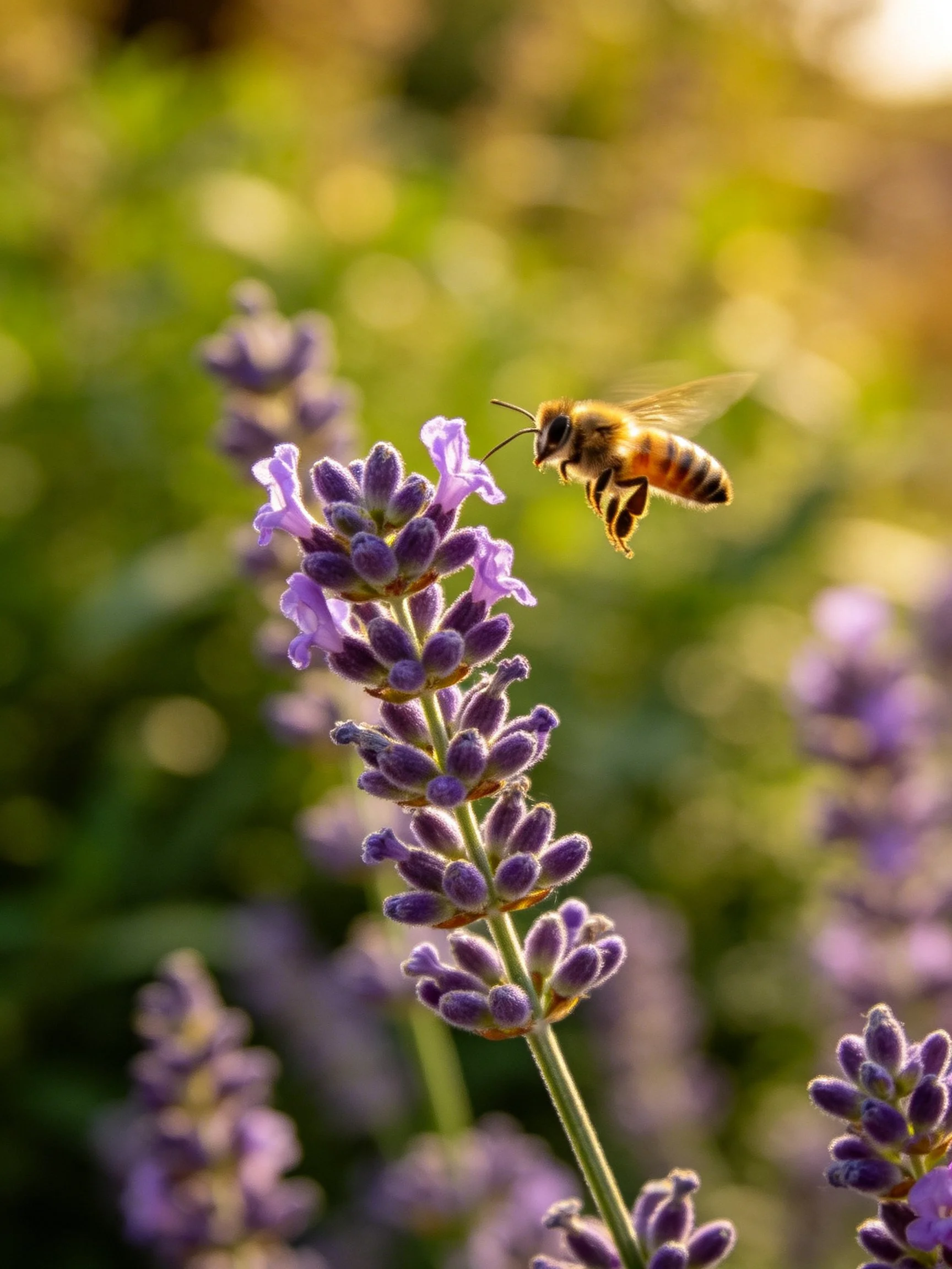 A honeybee hovers near vibrant purple lavender blooms