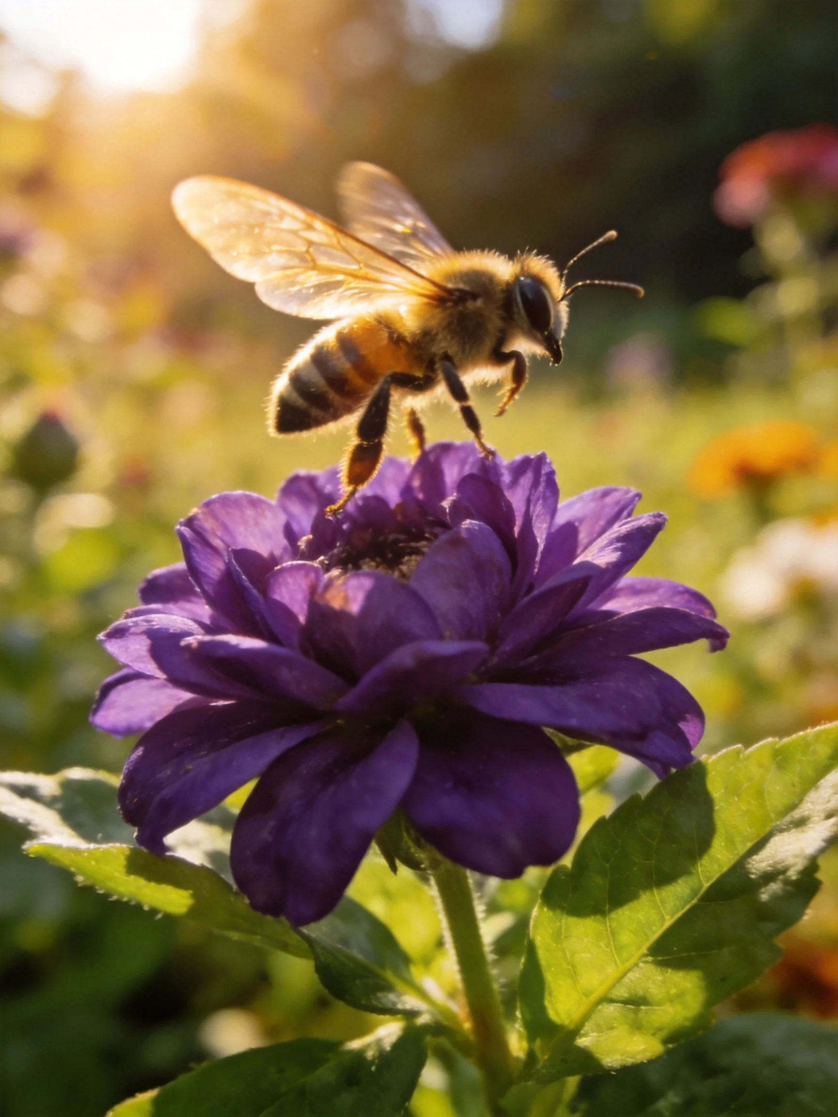 A honeybee hovers over a vibrant purple flower in a sunlit garden