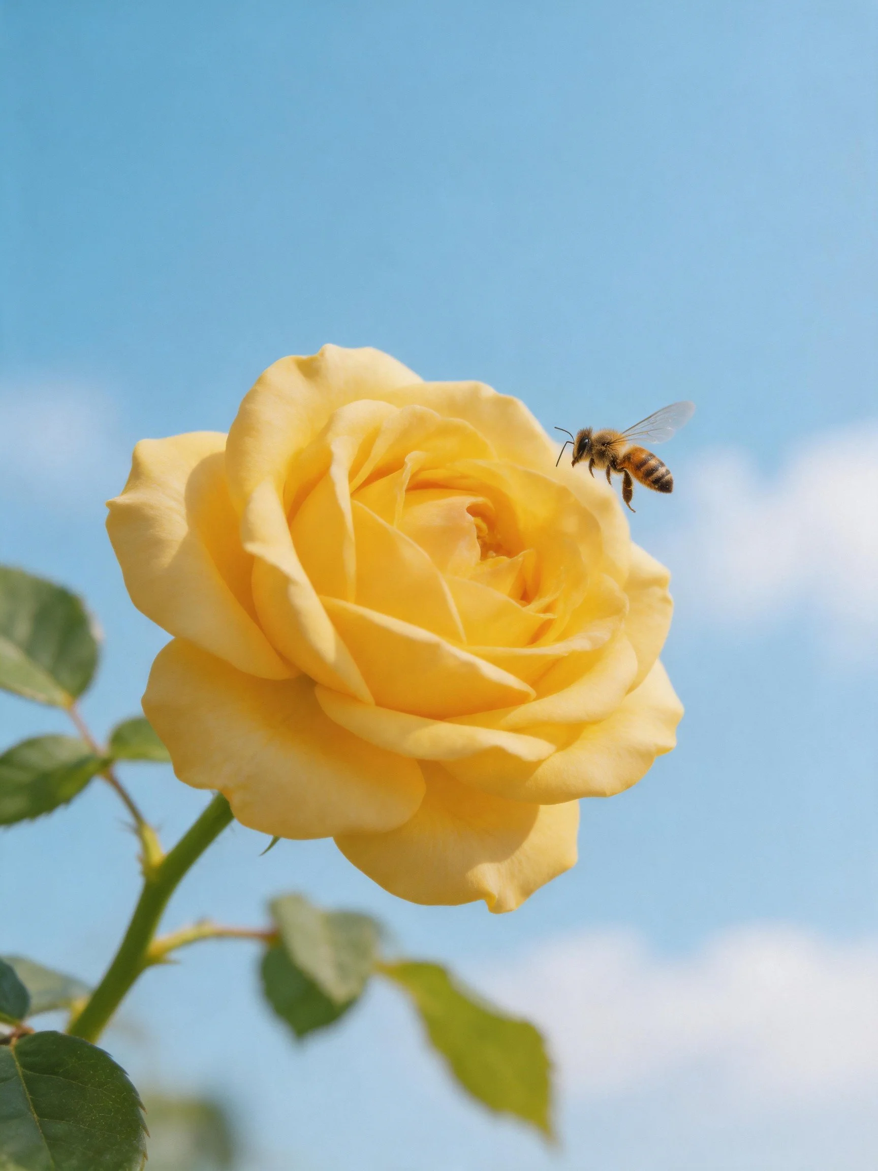 A honeybee near a vibrant yellow rose under a blue sky