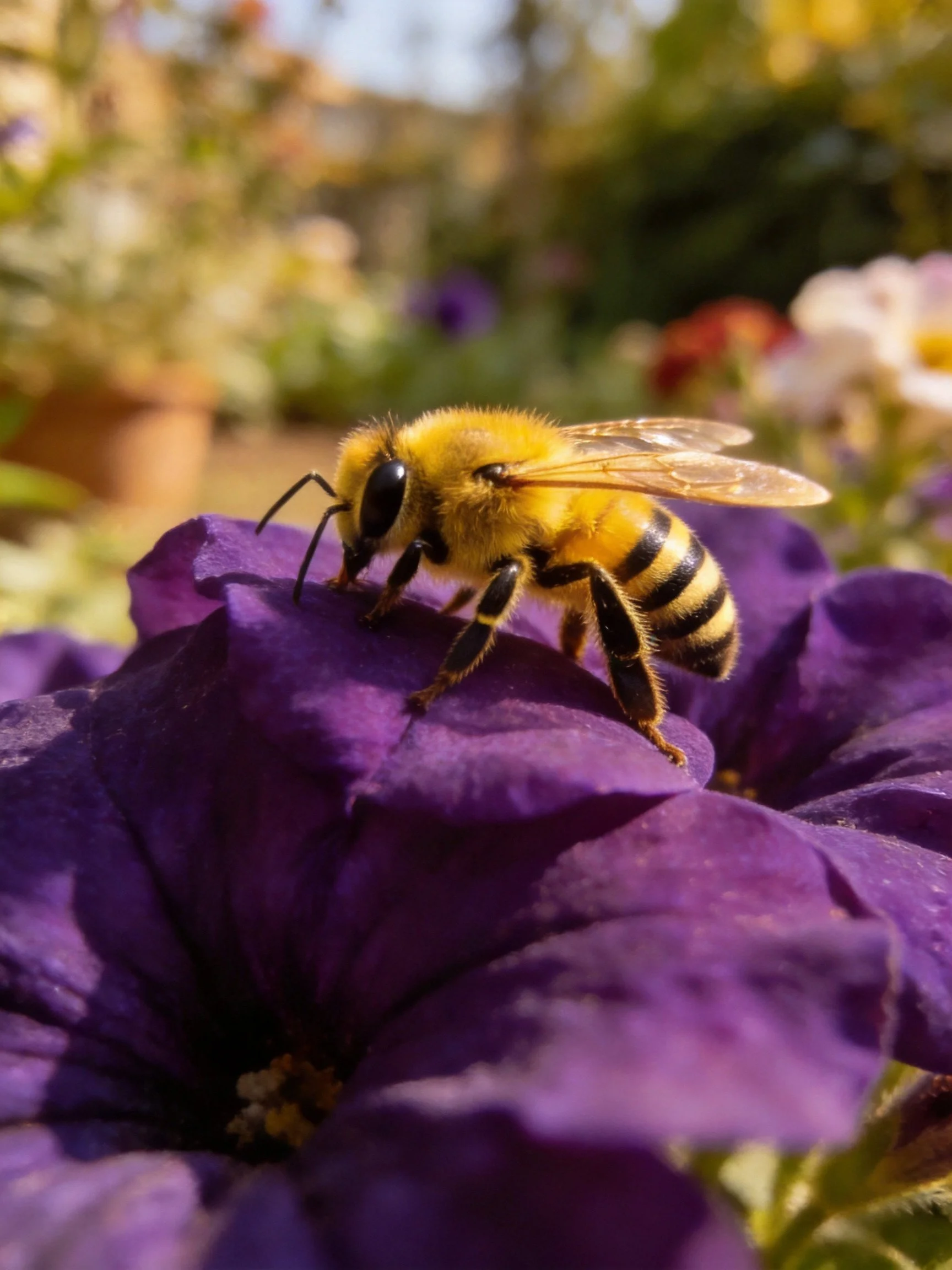 A honeybee perched on a vibrant purple petunia