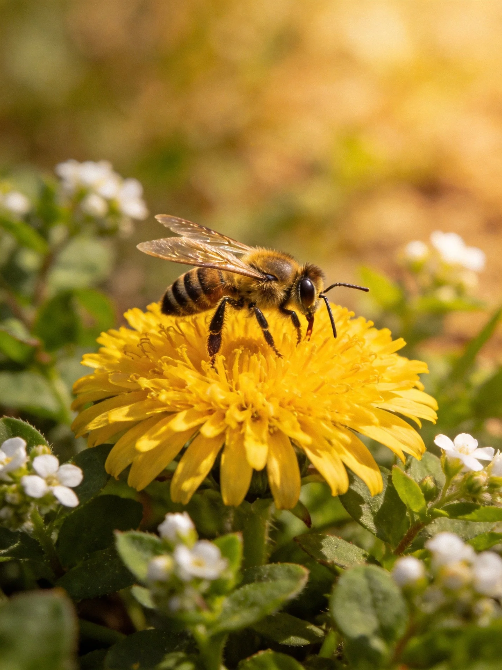 A honeybee perched on a vibrant yellow dandelion