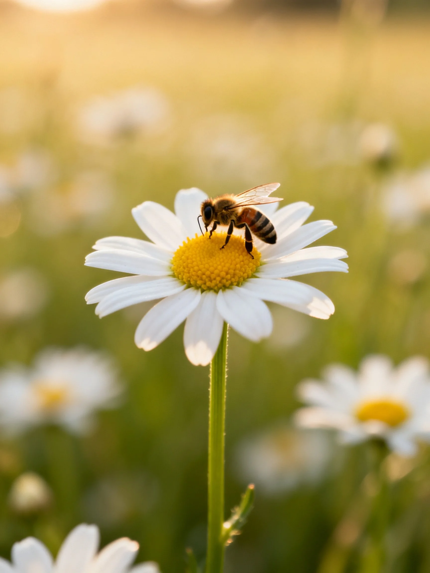 A honeybee perched on a white daisy in a sunlit meadow