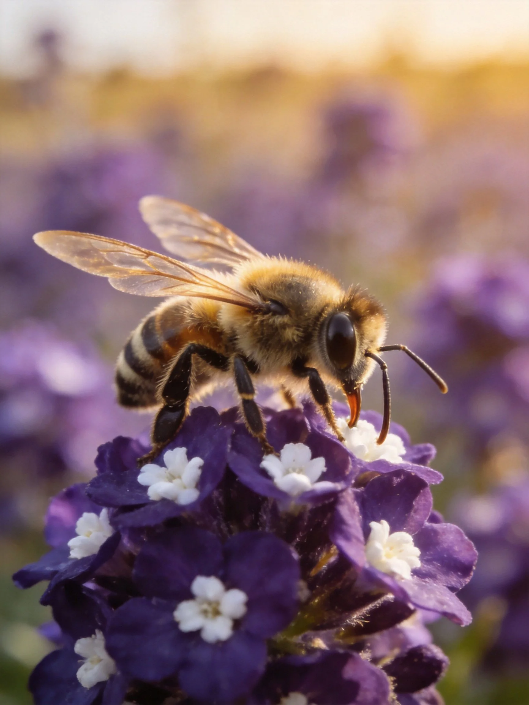 A honeybee perched on vibrant purple flowers with white centers