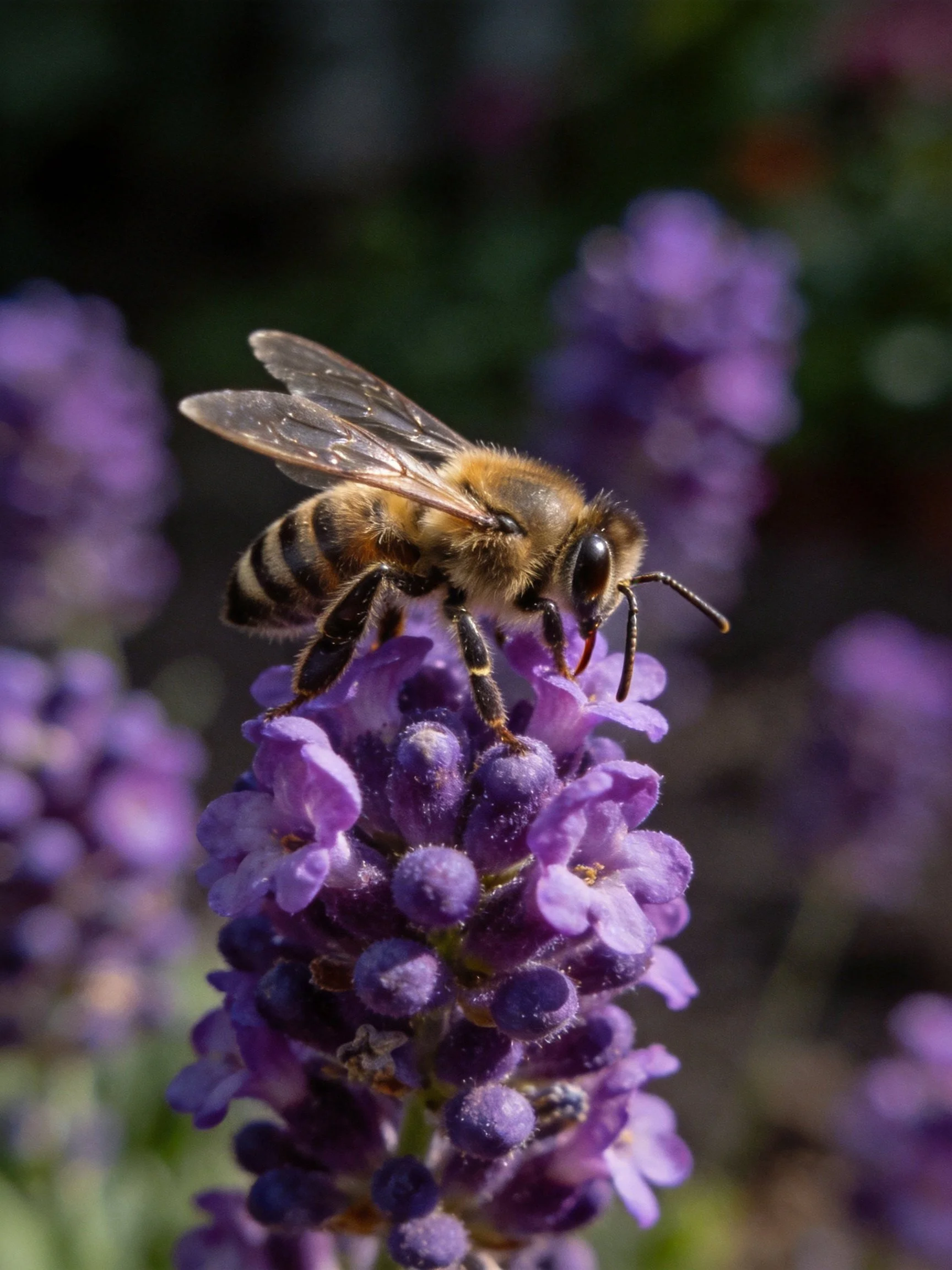 A honeybee perched on vibrant purple lavender blooms