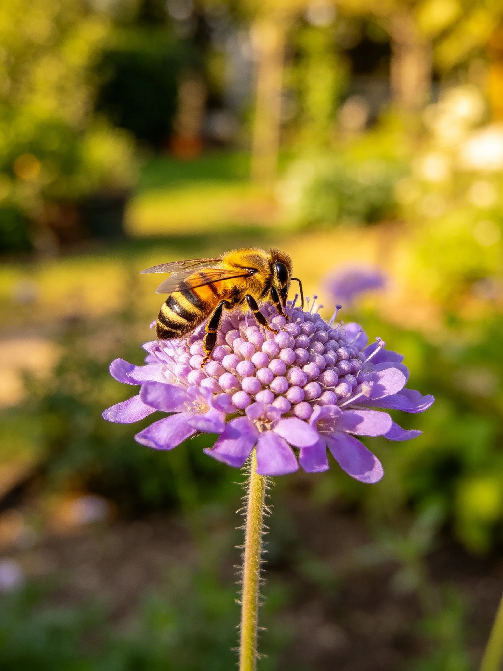 A honeybee perches on a vibrant purple flower