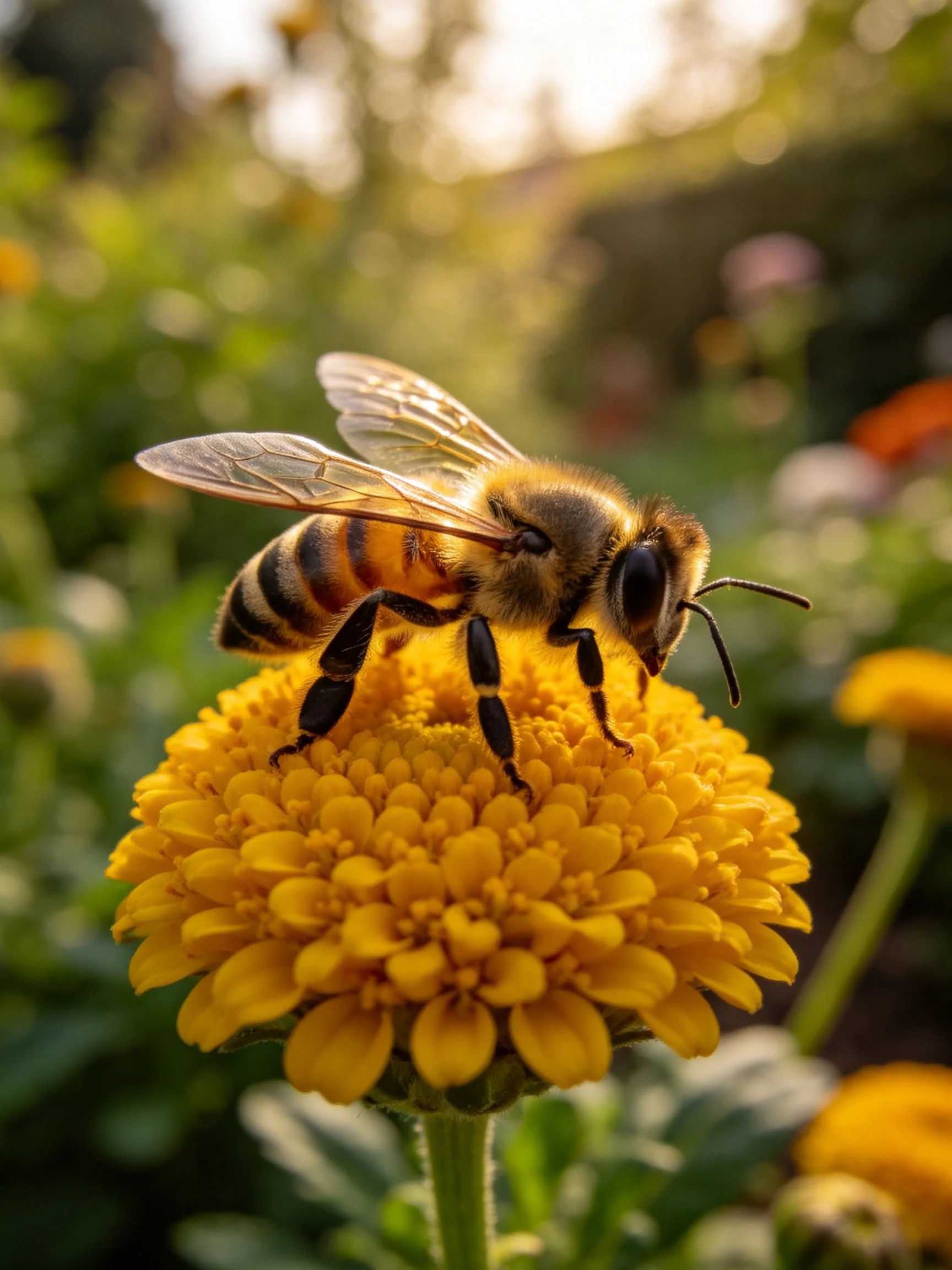 A honeybee perches on a vibrant yellow flower