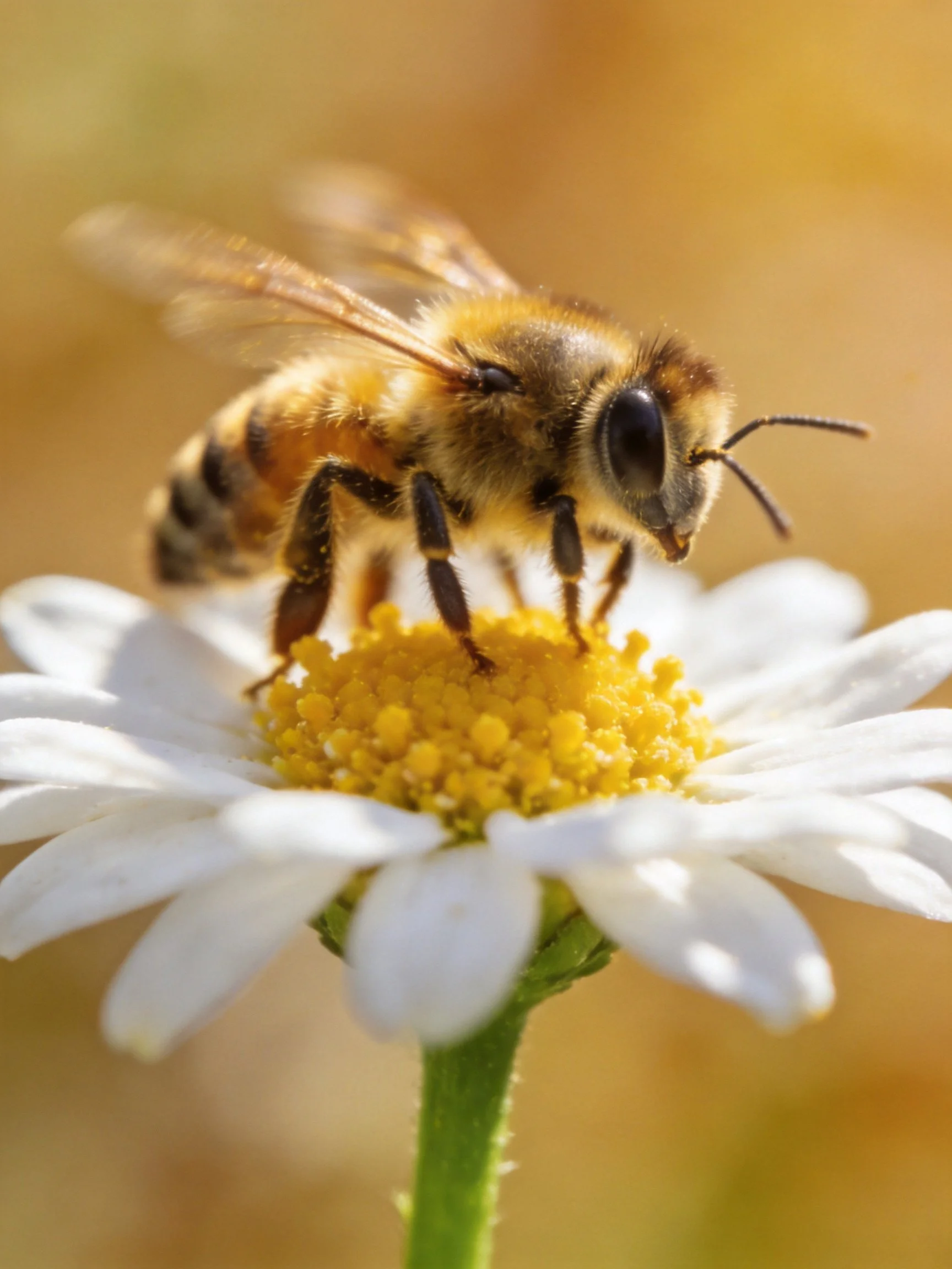 A honeybee perches on a white daisy with a yellow center