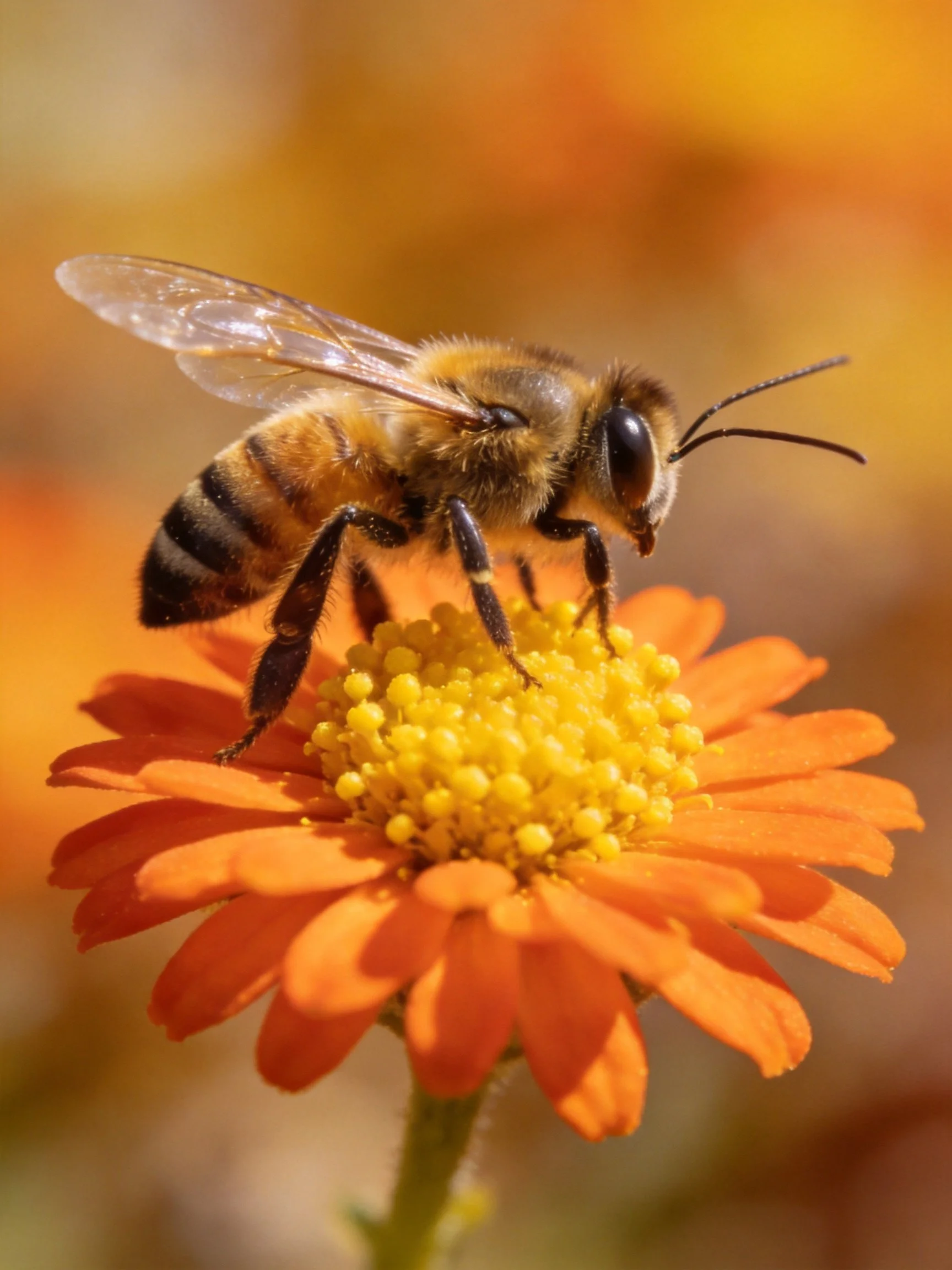 A honeybee perches on an orange flower with a yellow center