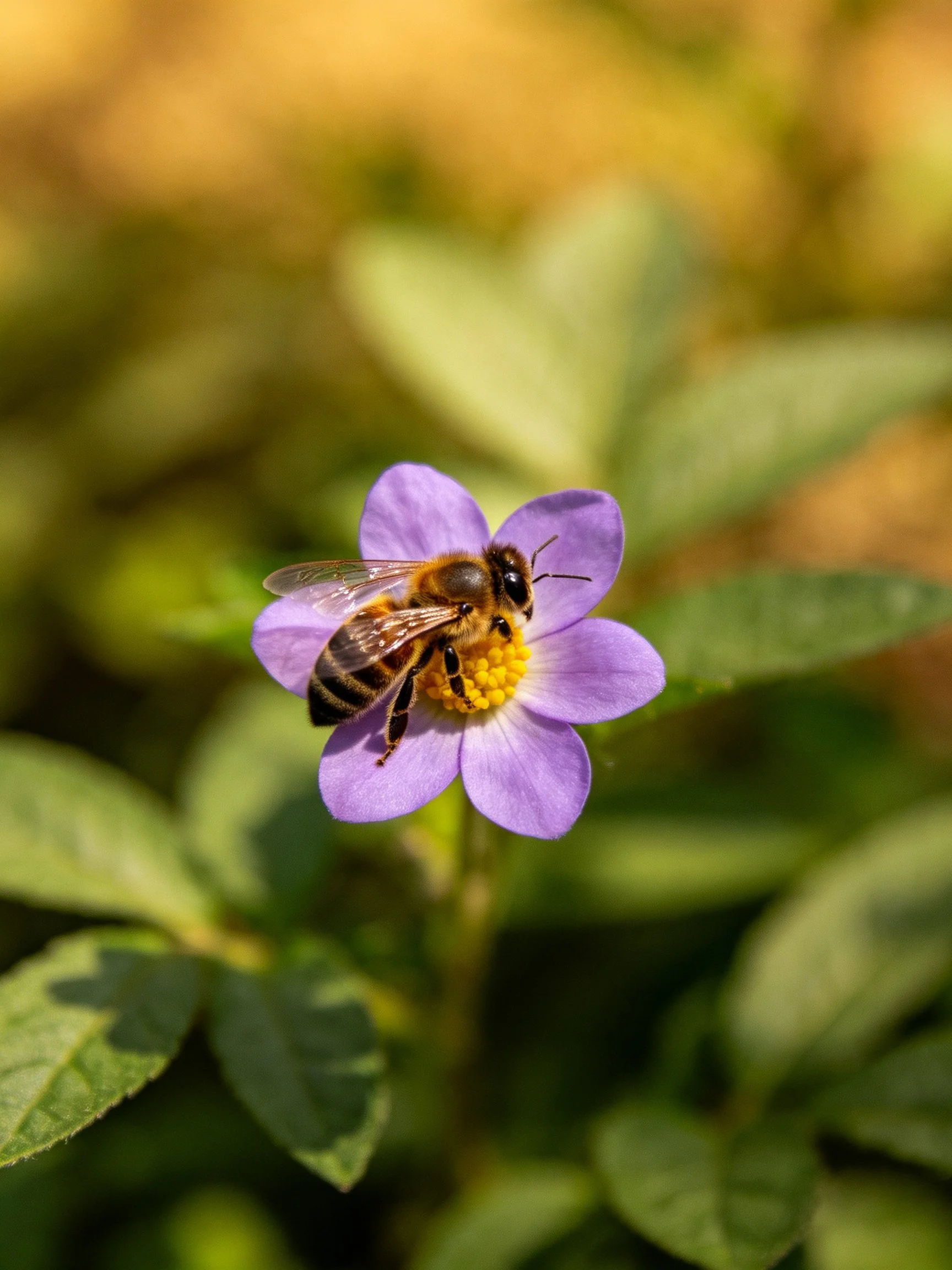 A honeybee pollinating a vibrant purple flower with yellow center