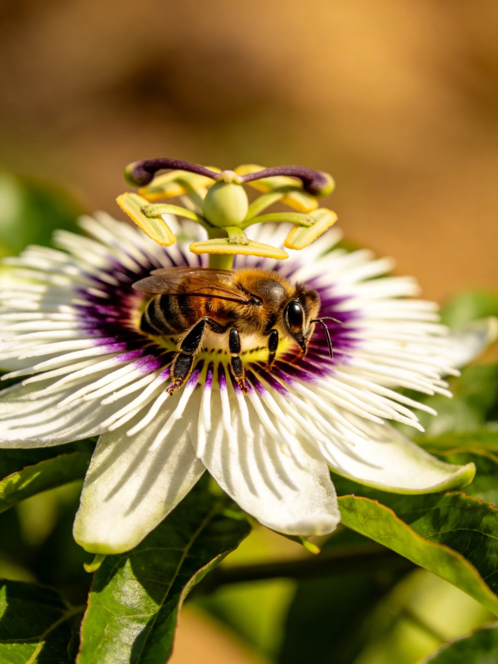 A honeybee pollinating a white and purple passionflower