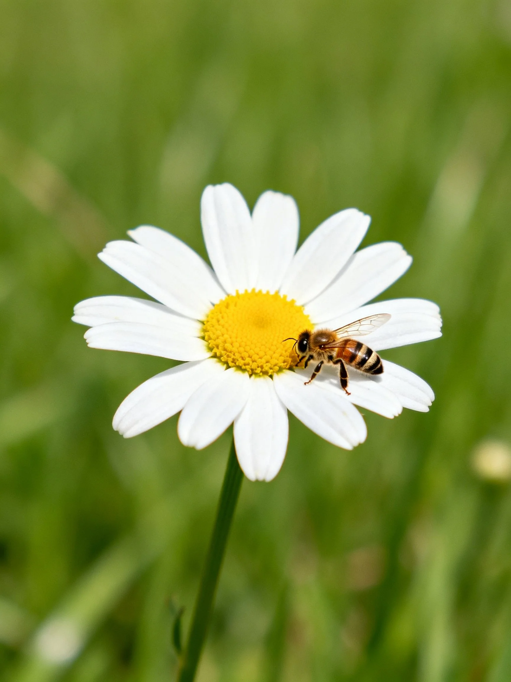 A honeybee pollinating a white daisy with yellow center