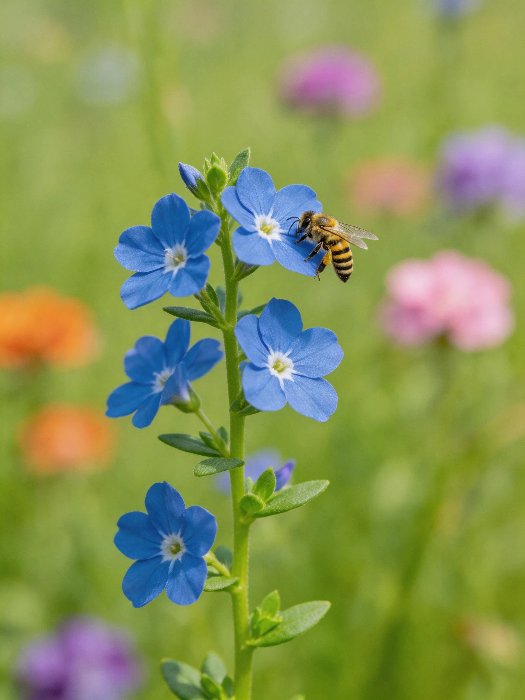 A honeybee pollinating vibrant blue wildflowers