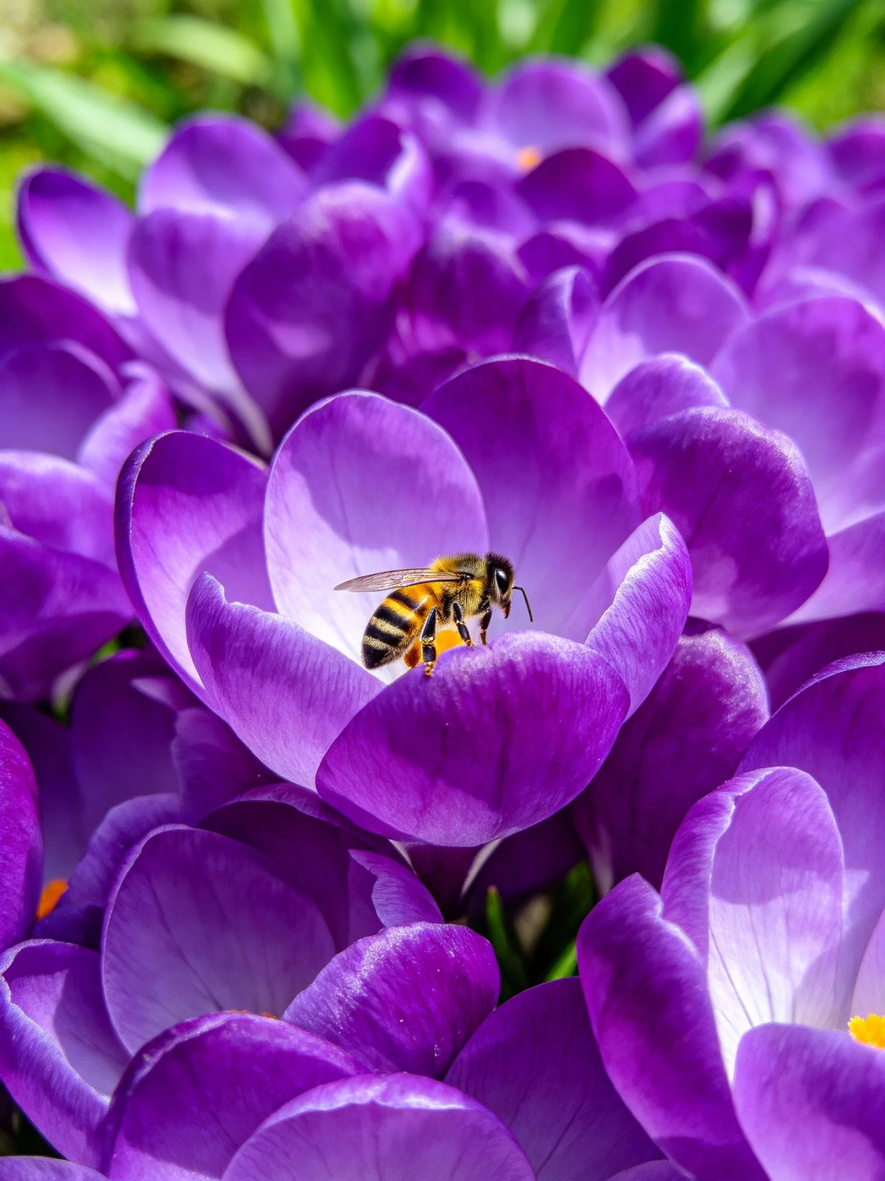 A honeybee rests amid vibrant purple crocus blooms