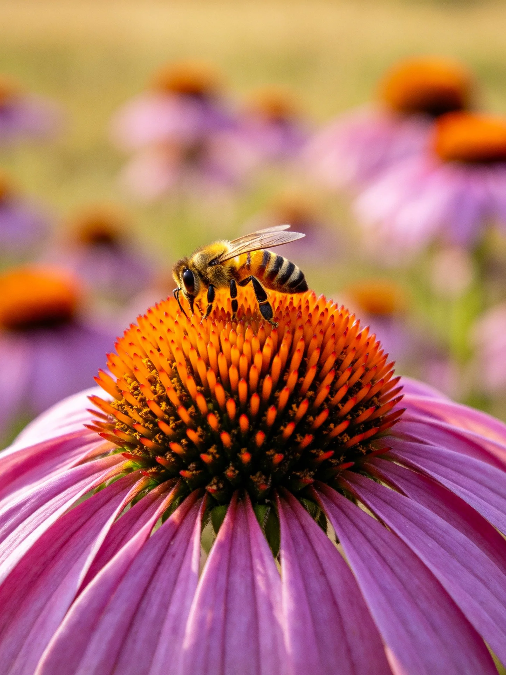 A honeybee rests atop a vibrant orange-centered purple coneflower