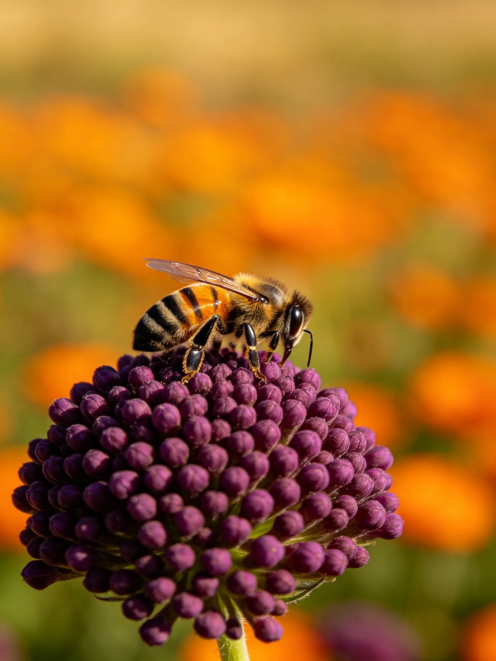 A honeybee rests on a purple clustered flower with orange blooms