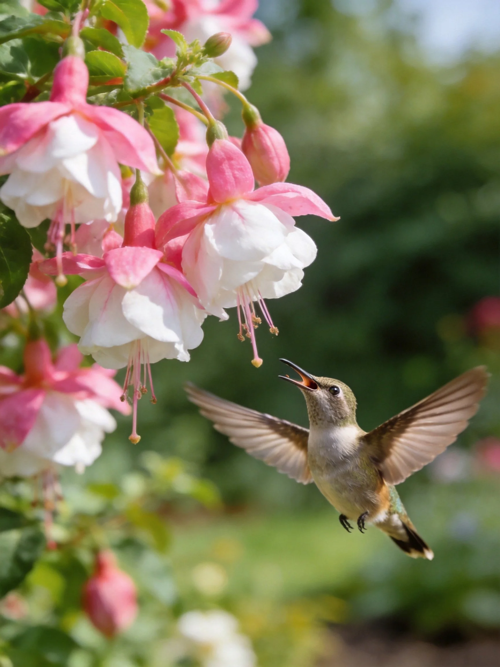 A hummingbird approaching pink and white fuchsia flowers