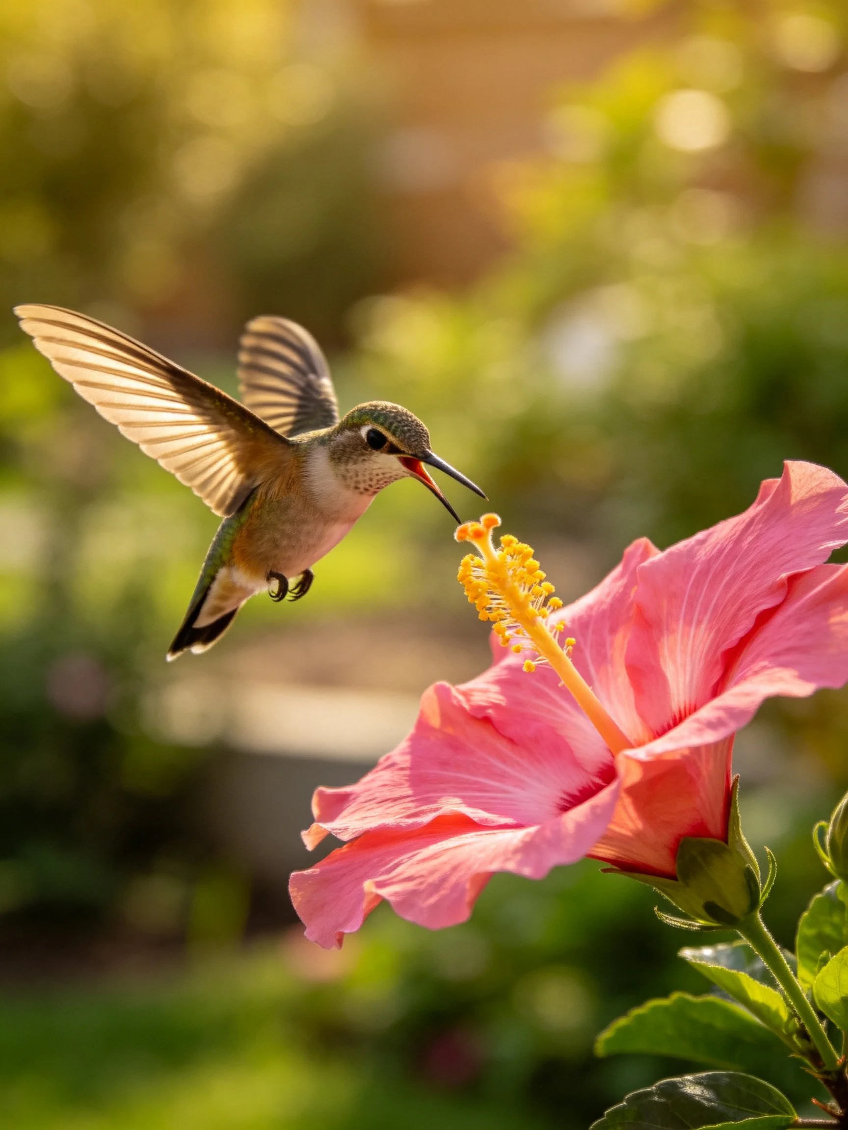 A hummingbird feeds from a bright pink hibiscus in a sun-dappled garden