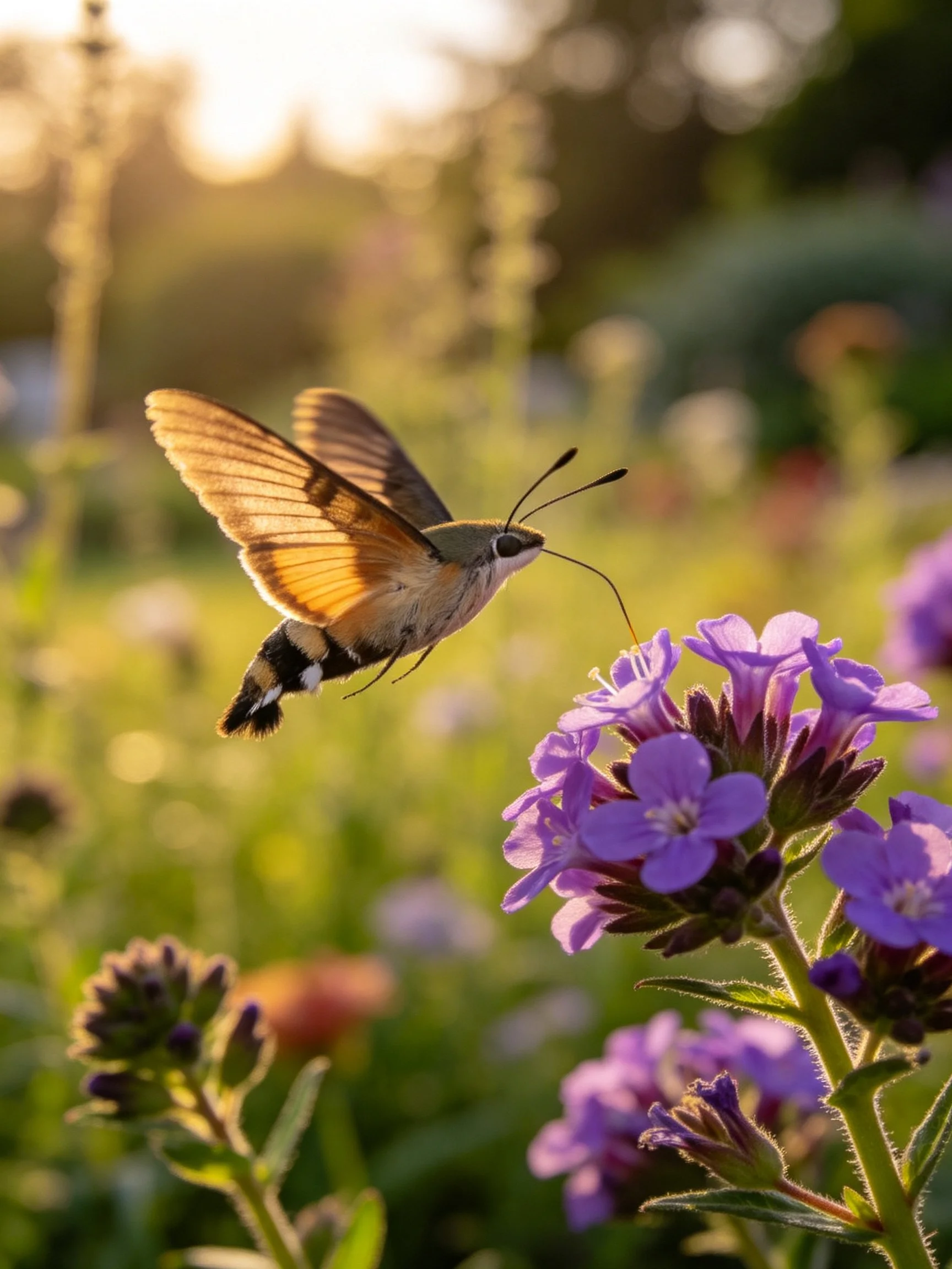 A hummingbird hawk-moth hovers near vibrant purple flowers in golden sunlight