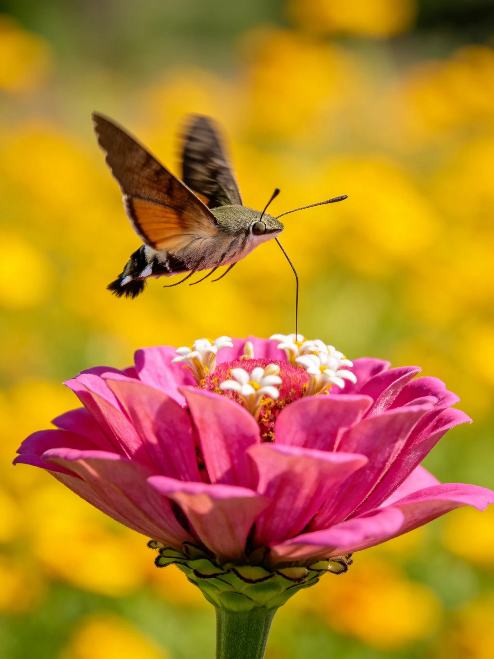 A hummingbird hawk-moth hovers over a vibrant pink zinnia amid yellow blooms